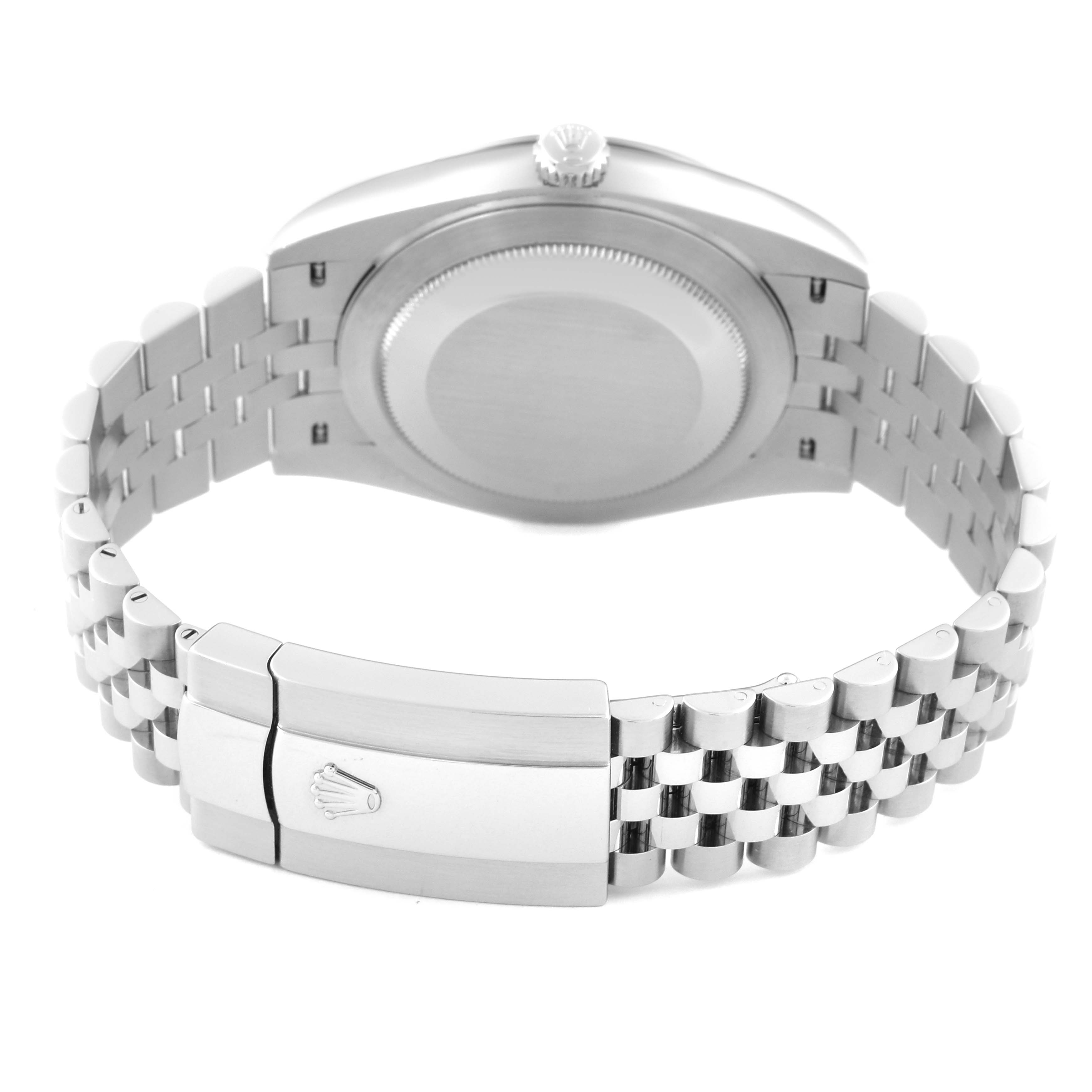 The image shows the backside and bracelet clasp of a Rolex Datejust 41 126334 Men
s Stainless Steel Blue Dial 126334 Men
s Stainless Steel Blue Dial watch.