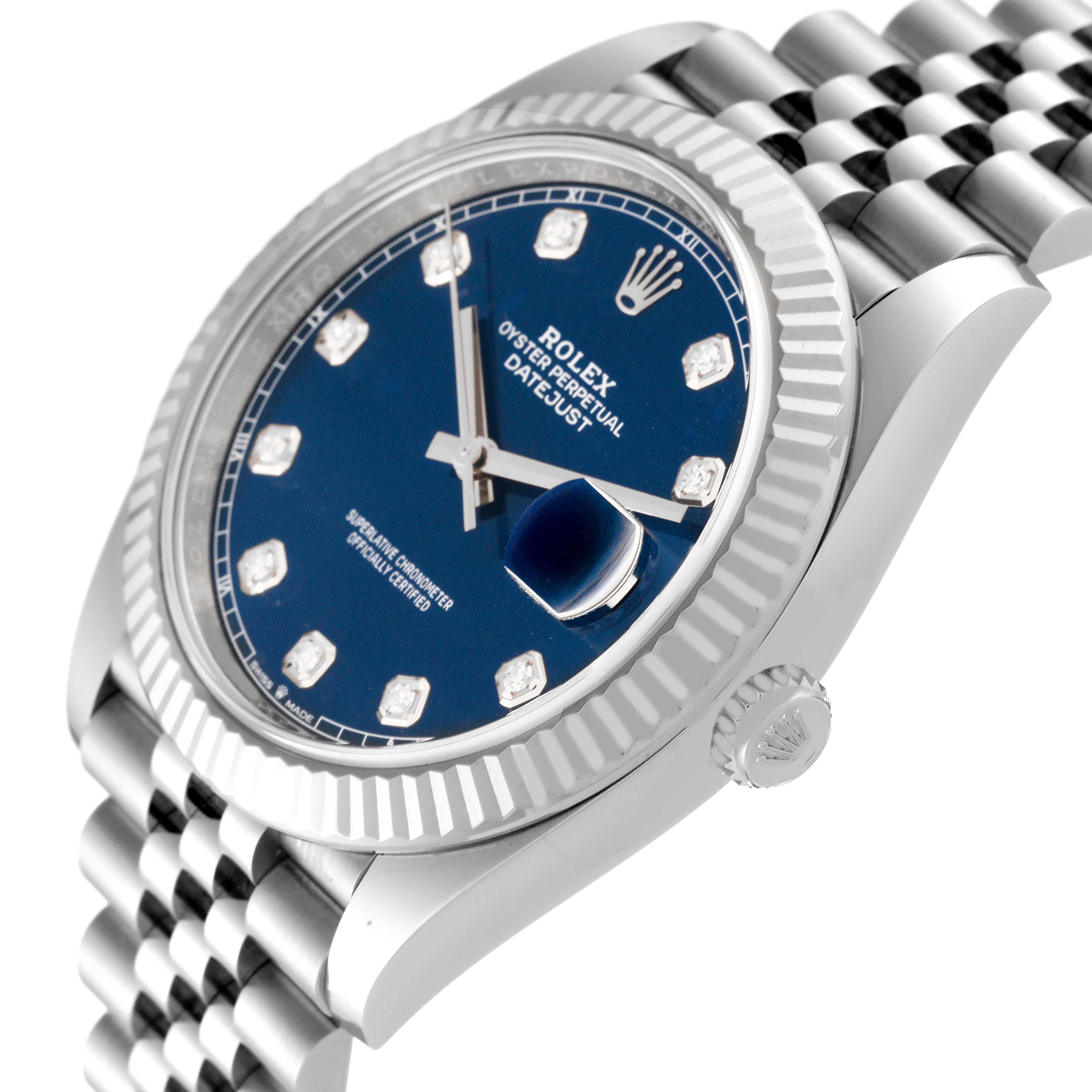 The Rolex Datejust 41 126334 Men
s Stainless Steel Blue Dial 126334 Men
s Stainless Steel Blue Dial watch is shown from a three-quarter angle highlighting the blue dial, fluted bezel, and Jubilee bracelet.