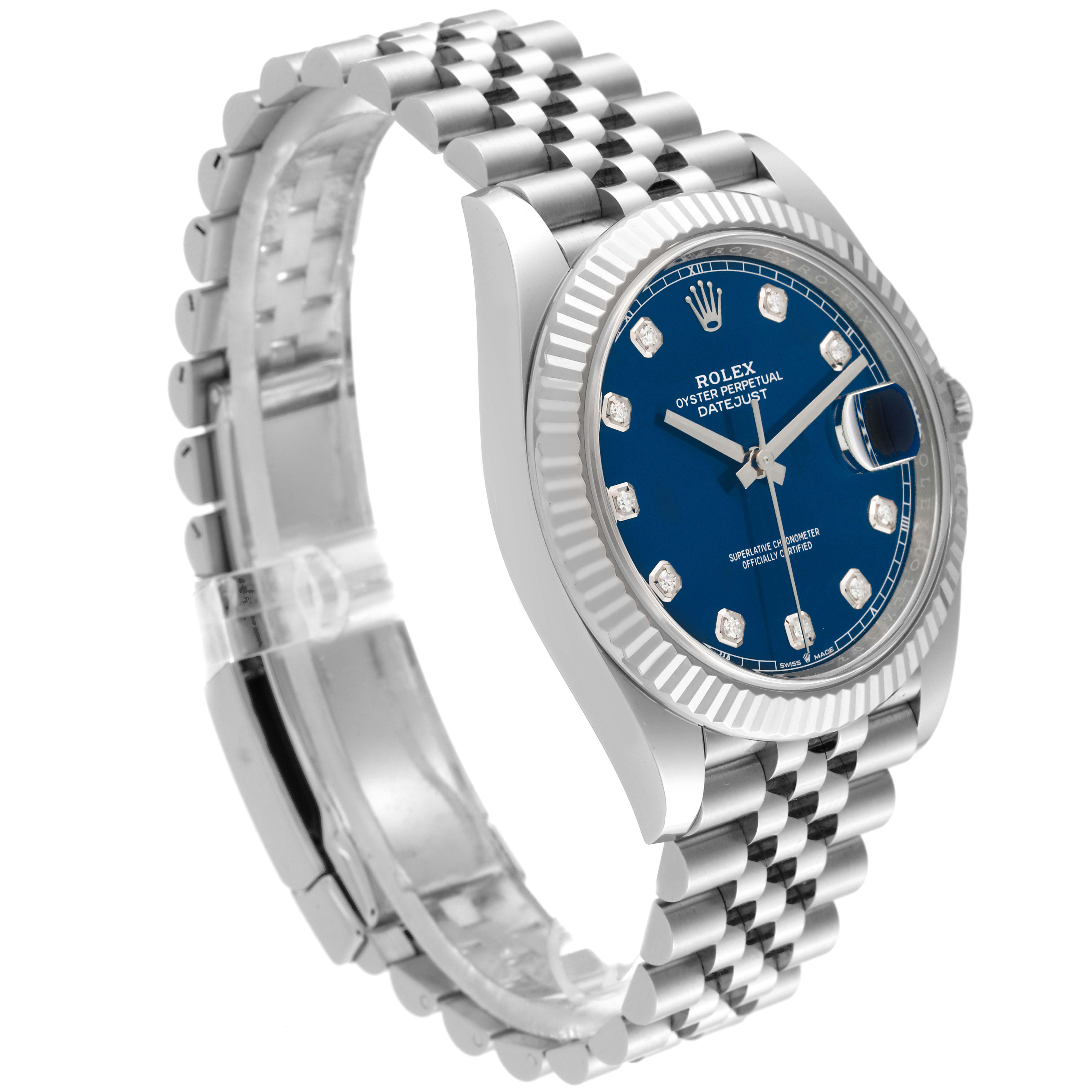 This image shows a Rolex Datejust 41 126334 Men
s Stainless Steel Blue Dial 126334 Men
s Stainless Steel Blue Dial watch at an angle emphasizing its blue dial, silver fluted bezel, and jubilee bracelet.