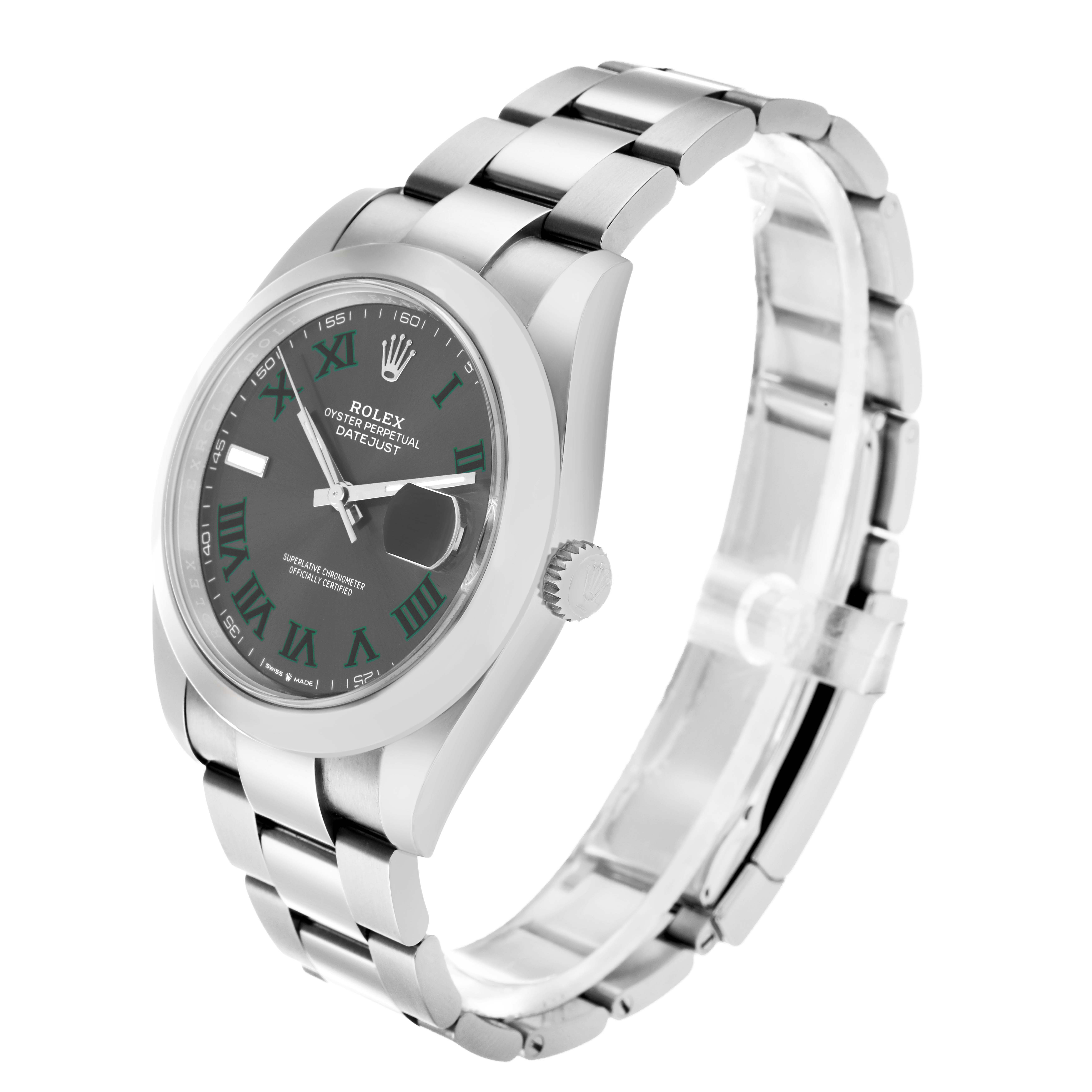 The Rolex Datejust 41 126300 Men
s Stainless Steel Grey Dial is shown from a slightly angled side view, highlighting the dial and the metal bracelet.