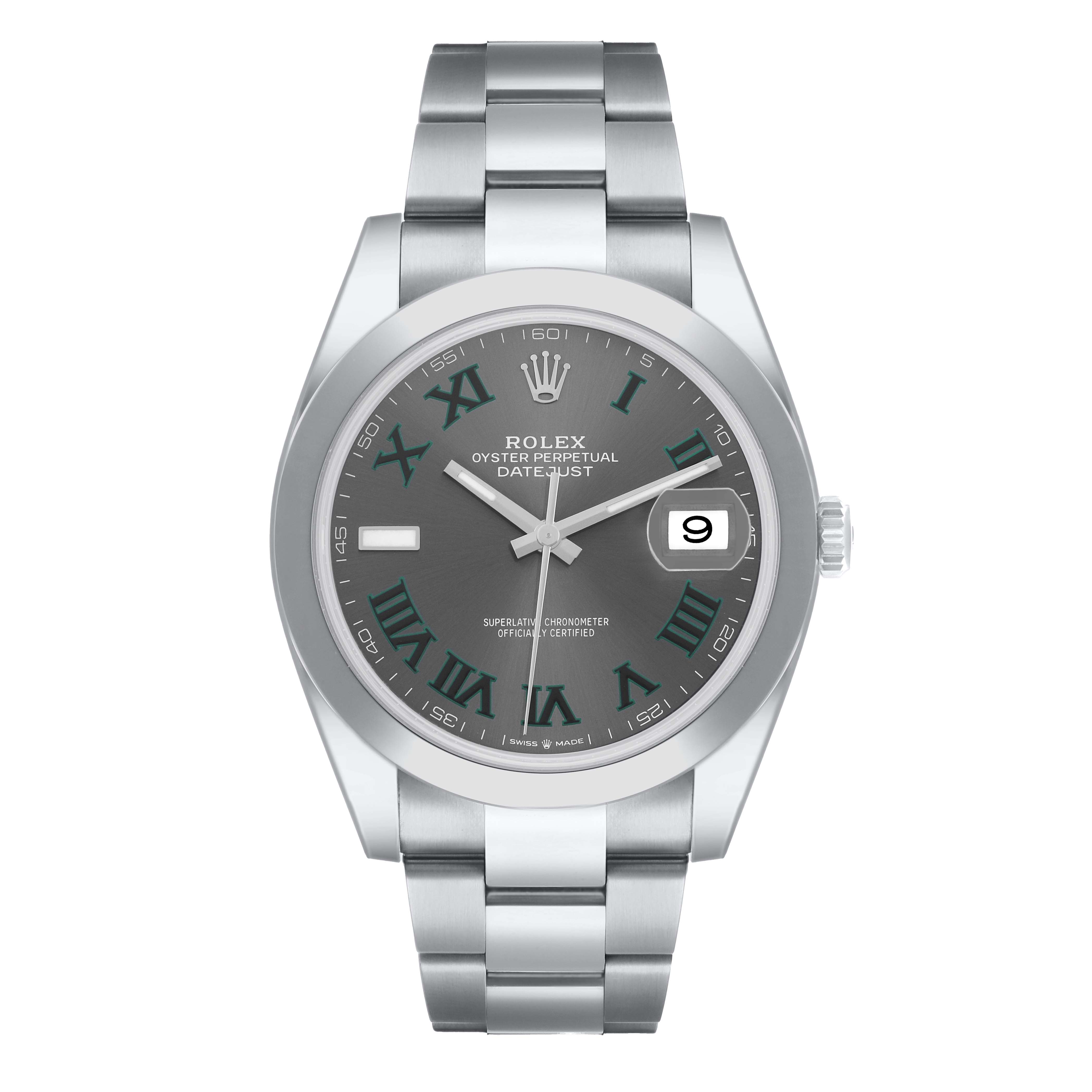 The image shows a frontal view of the Rolex Datejust 41 126300 Men
s Stainless Steel Grey Dial watch, highlighting its dial, bezel, and bracelet.