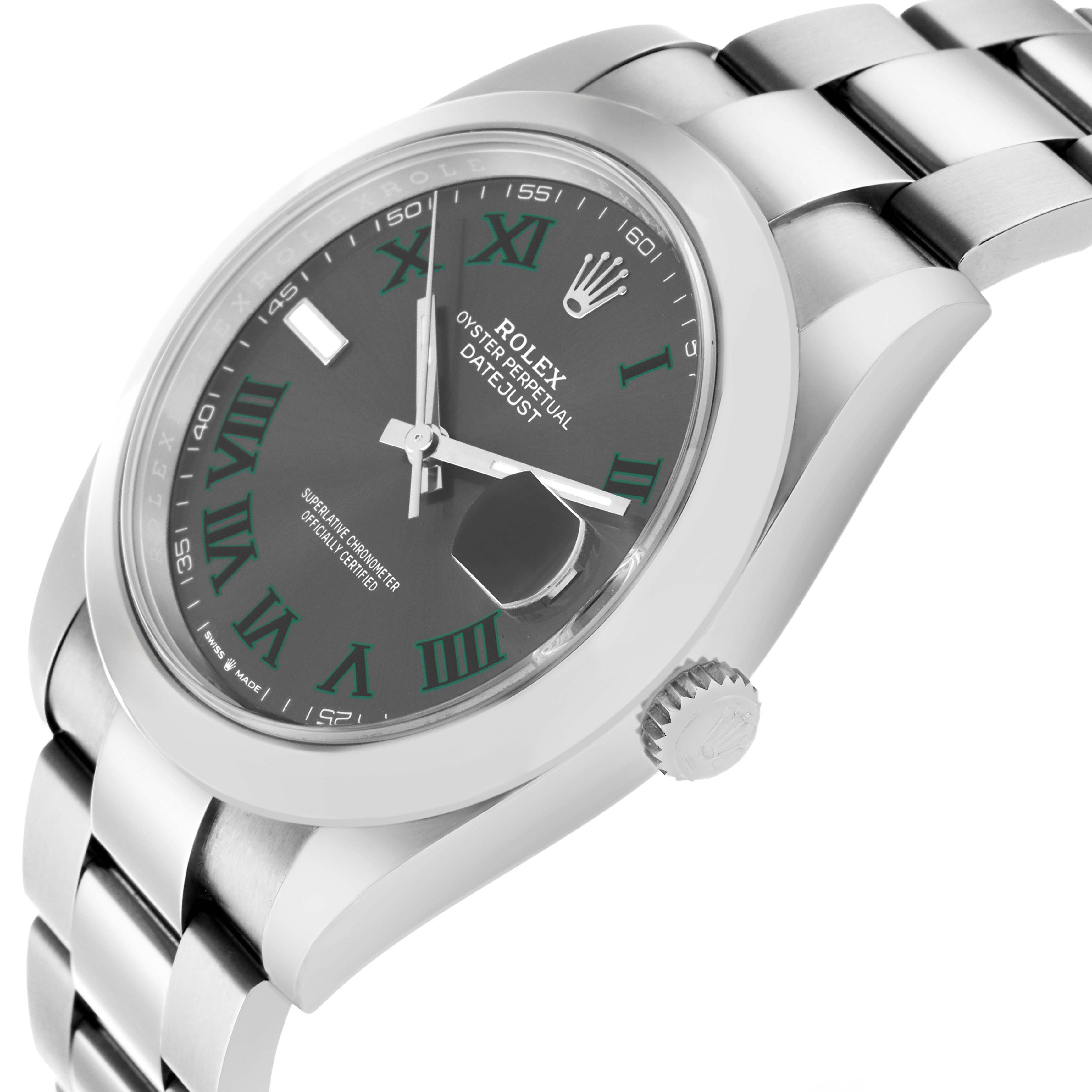 The Rolex Datejust 41 126300 Men
s Stainless Steel Grey Dial is shown at a side angle, highlighting the dial, bezel, crown, and part of the bracelet.