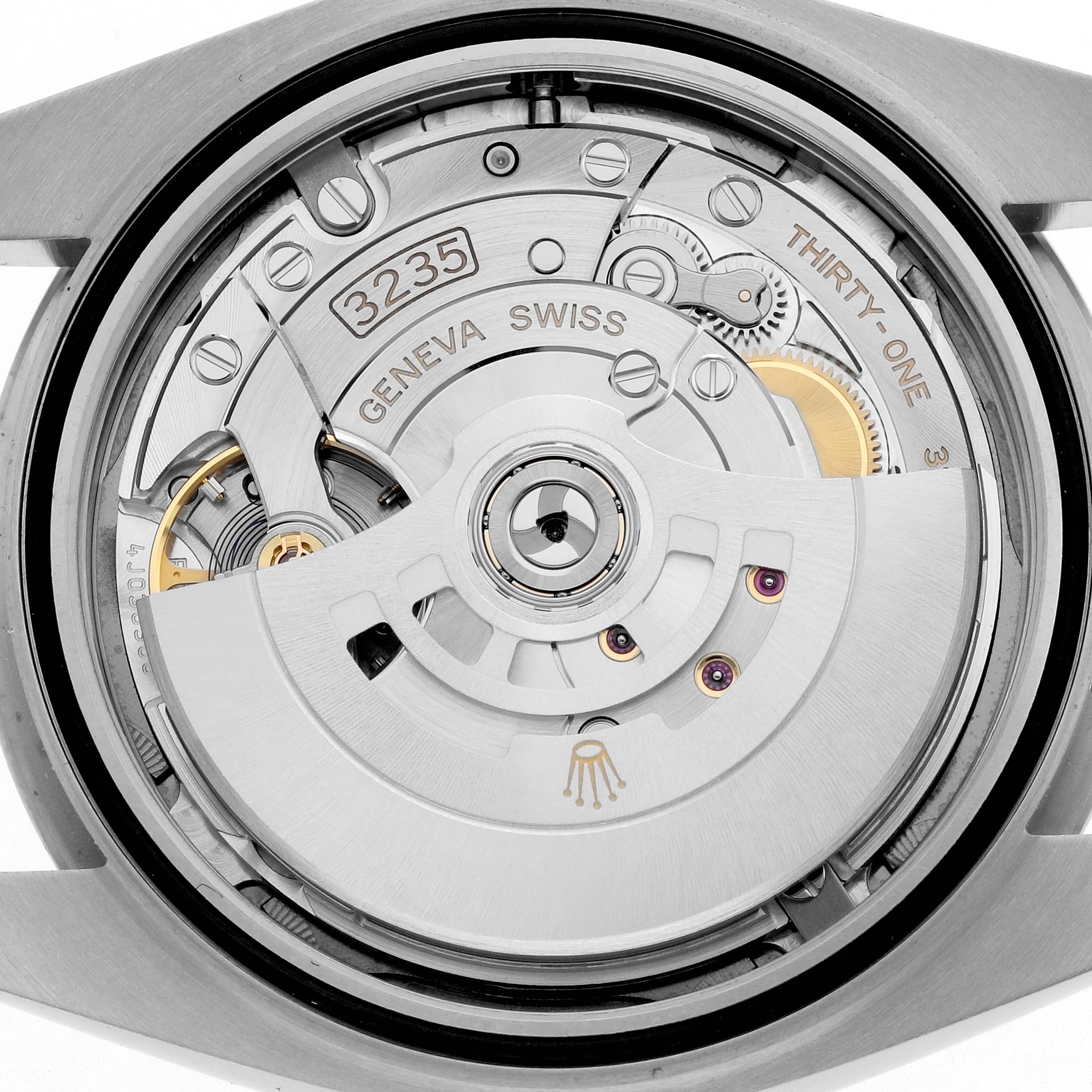 This image shows the movement of the Rolex Datejust 41 126300 Men
s Stainless Steel Grey Dial, focusing on its internal mechanisms from a back angle.