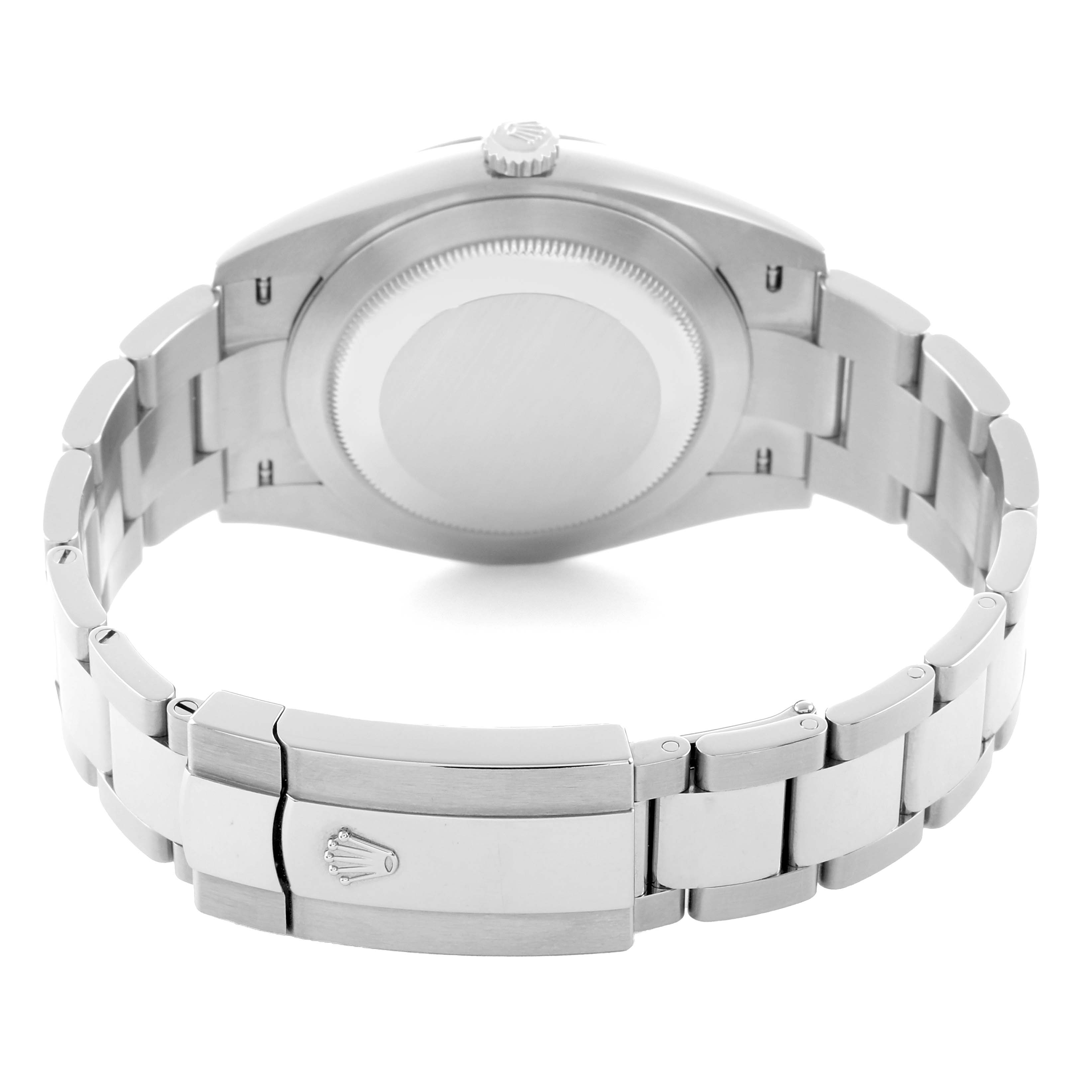 The Rolex Datejust 41 126300 Men
s Stainless Steel Grey Dial watch is shown from the back, highlighting the case back, bracelet, and clasp.