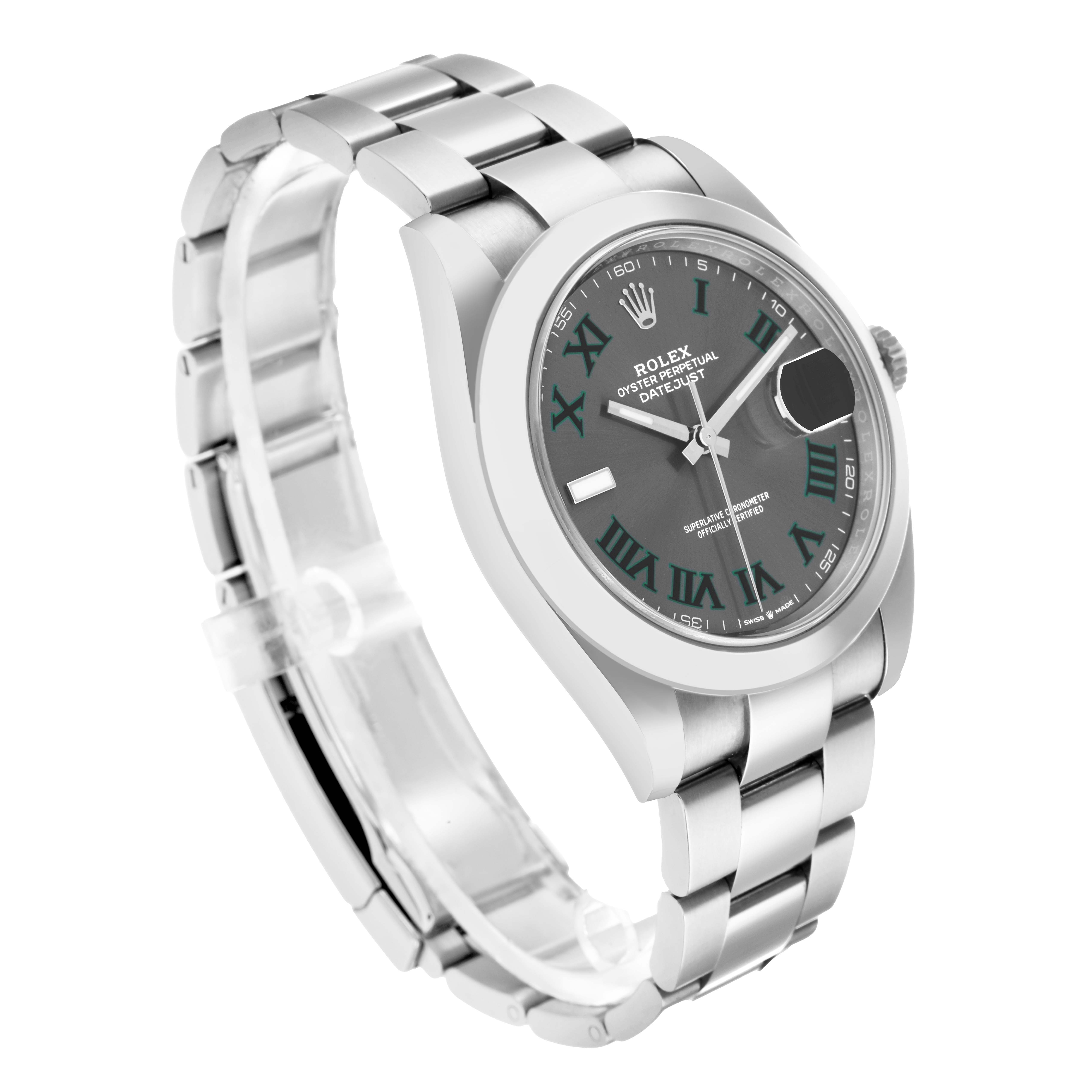 The Rolex Datejust 41 126300 Men
s Stainless Steel Grey Dial is shown at a three-quarter angle, displaying the dial, bezel, and full bracelet.
