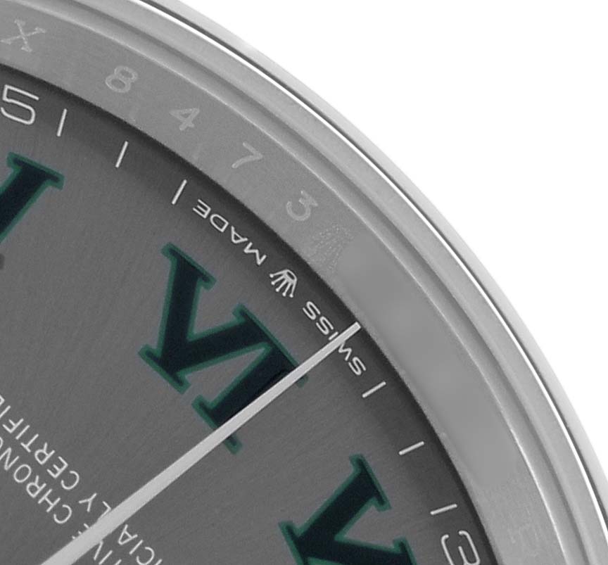 The image shows a high-angle close-up of the Rolex Datejust 41 126300 Men
s Stainless Steel Grey Dial watch, focusing on part of the dial with Roman numerals and the "SWISS MADE" marking.