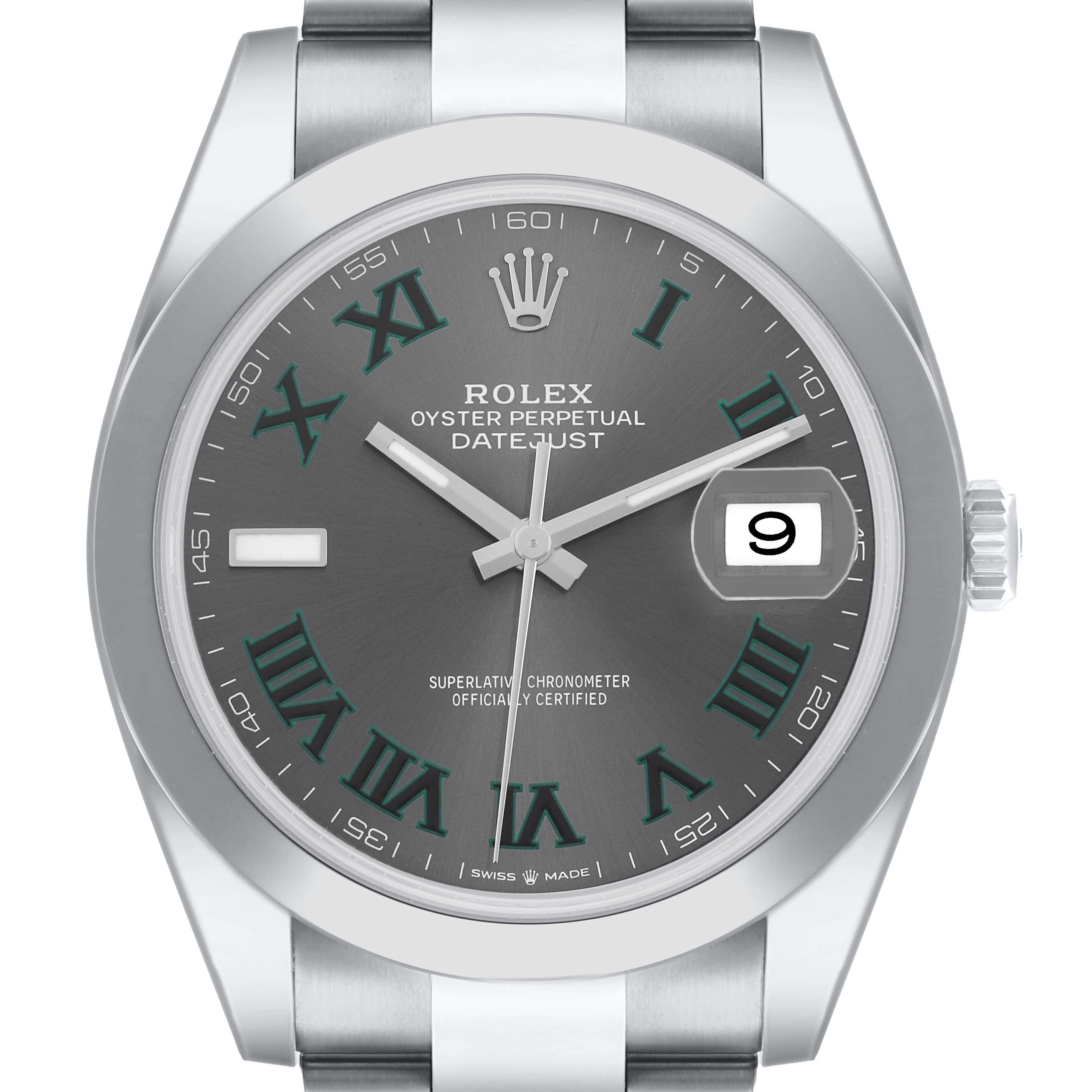 The Rolex Datejust 41 126300 Men
s Stainless Steel Grey Dial is shown from a front angle, displaying the dial, bezel, crown, and part of the bracelet.