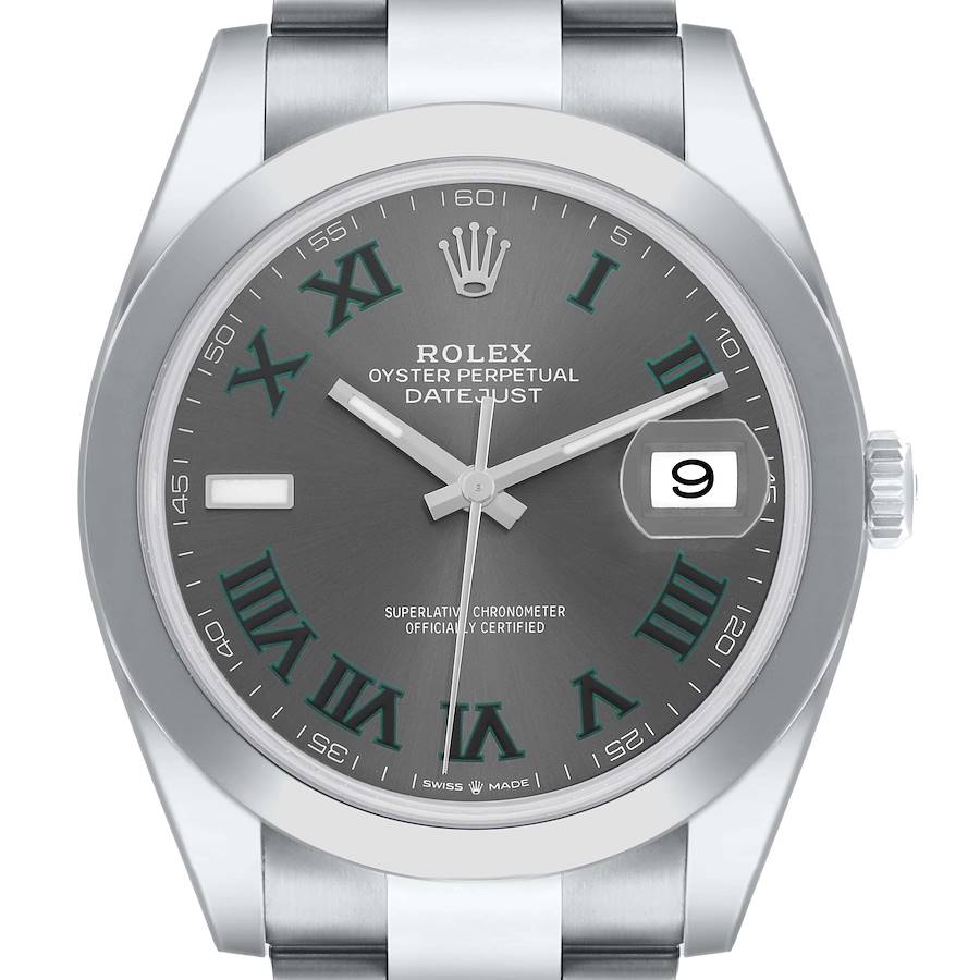 The Rolex Datejust 41 126300 Men's Stainless Steel Grey Dial is shown from a front angle, displaying the dial, bezel, crown, and part of the bracelet.