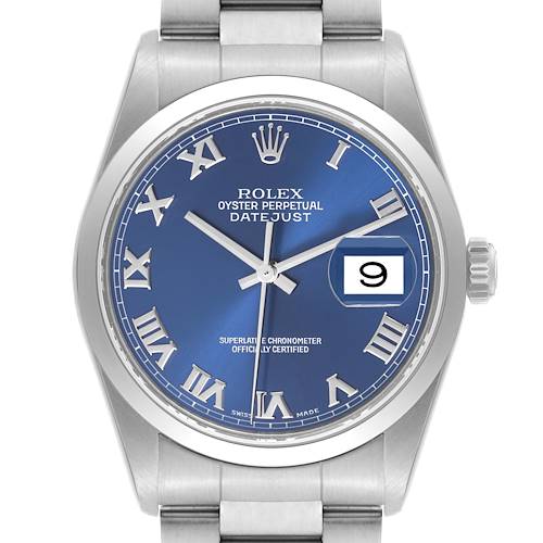 This image shows the front view of a Rolex Datejust watch, highlighting its blue dial, Roman numerals, and date window.