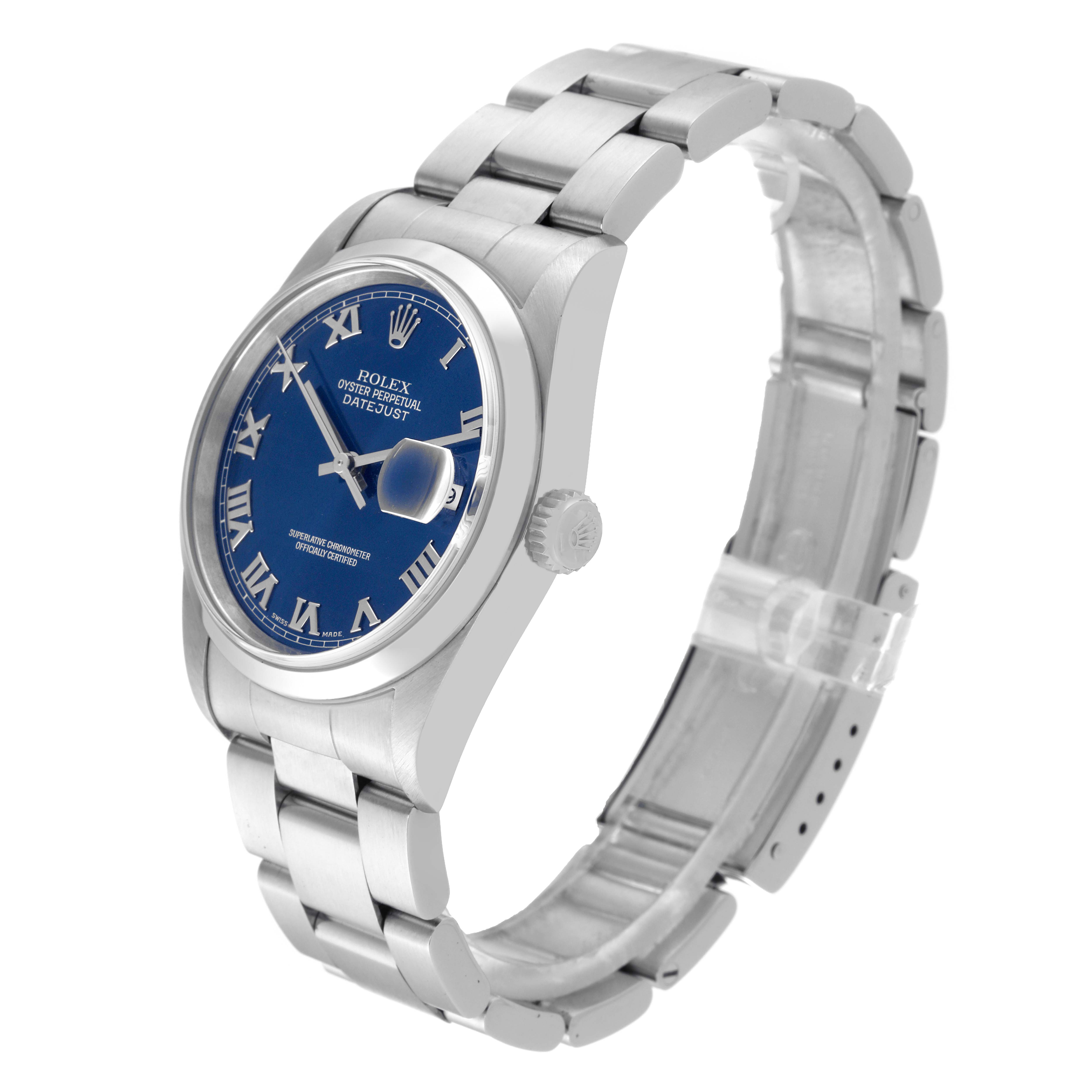 The image shows a Rolex Datejust 16200 Men's Stainless Steel Blue Dial 16200 Men's Stainless Steel Blue Dial watch, angled from the front right, highlighting the blue dial, Roman numerals, and oyster bracelet.