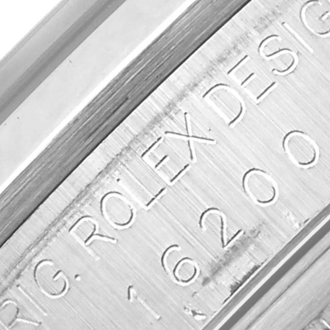 This image shows a close-up of the engraved text on the case side of a Rolex Datejust 16200 Men's Stainless Steel Blue Dial 16200 Men's Stainless Steel Blue Dial watch, with reference number 16200.