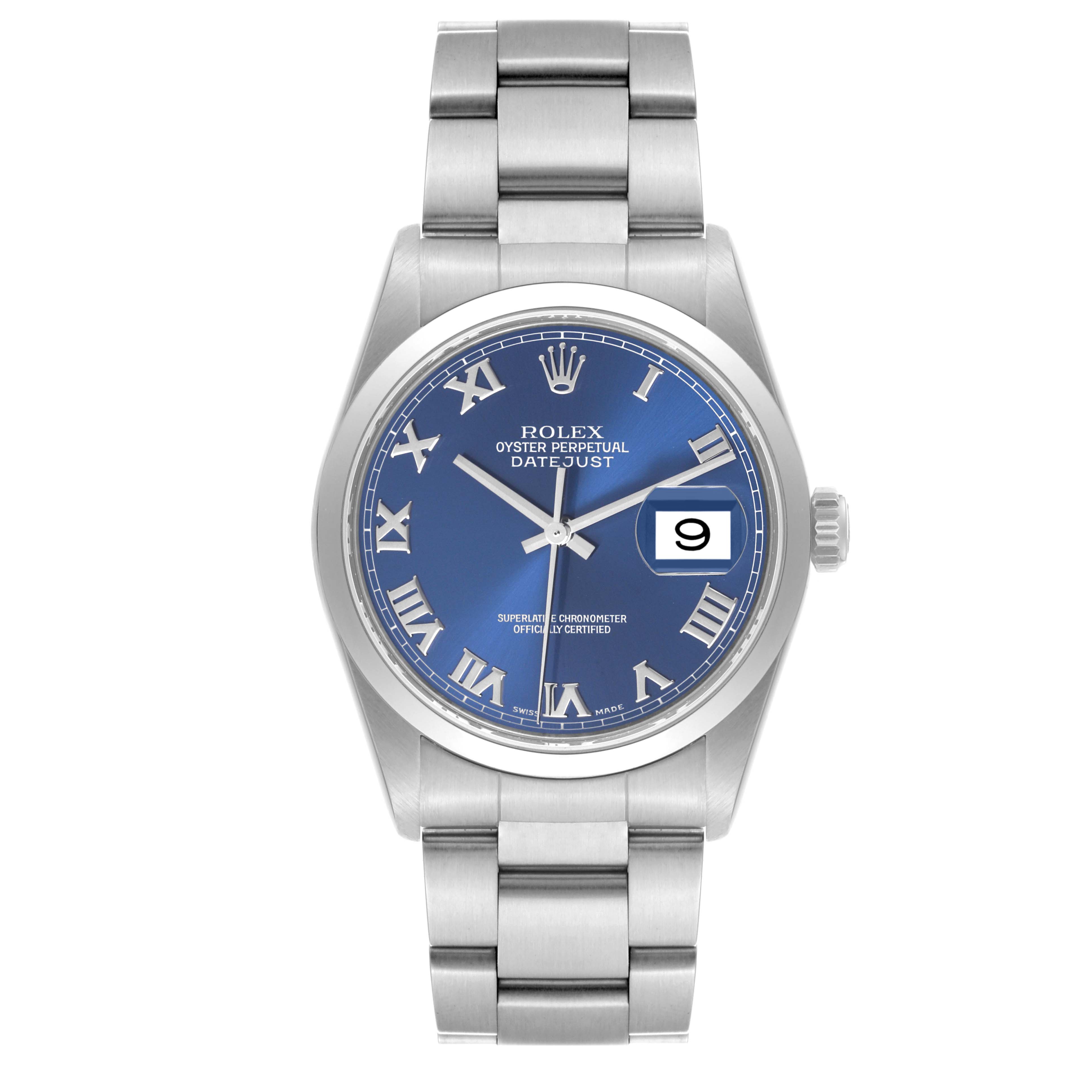 This image shows a frontal view of the Rolex Datejust 16200 Men's Stainless Steel Blue Dial 16200 Men's Stainless Steel Blue Dial watch, highlighting its blue dial, silver bracelet, and date window.