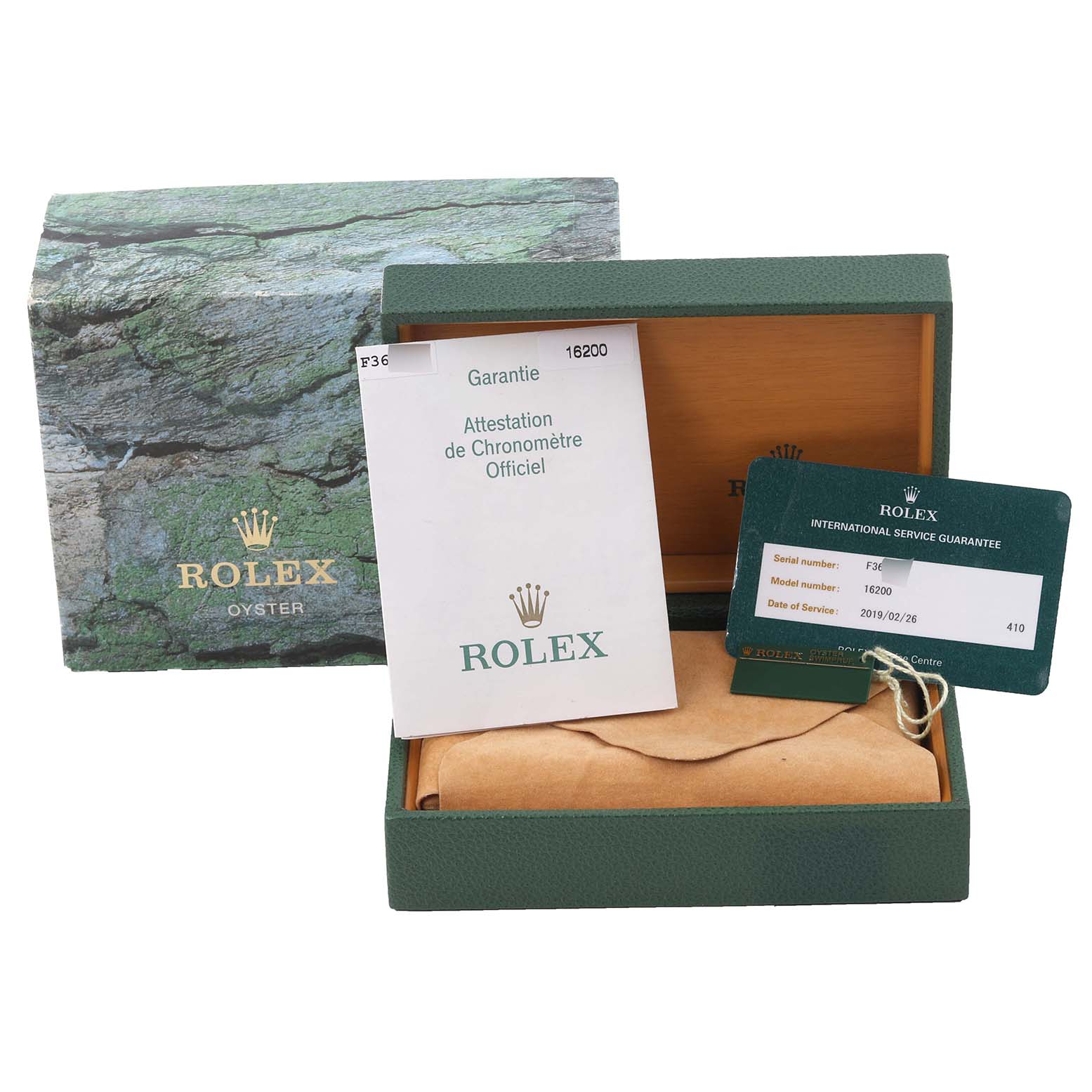 The image shows a Rolex Datejust 16200 Men's Stainless Steel Blue Dial 16200 Men's Stainless Steel Blue Dial watch box with warranty card, guarantee manual, and service guarantee card.