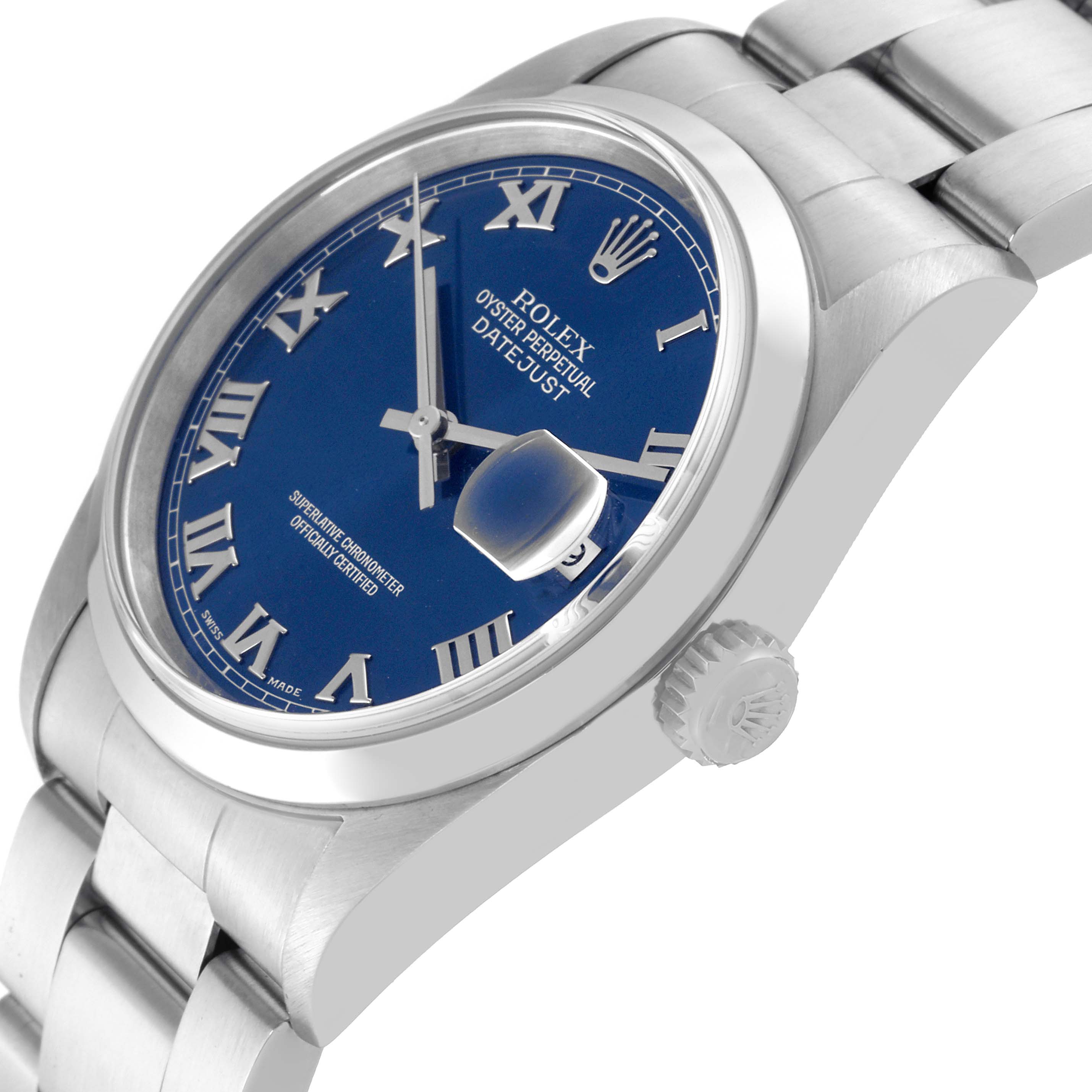 The image shows a close-up side angle of a Rolex Datejust 16200 Men's Stainless Steel Blue Dial 16200 Men's Stainless Steel Blue Dial watch, displaying its blue dial, Roman numerals, and fluted bezel.