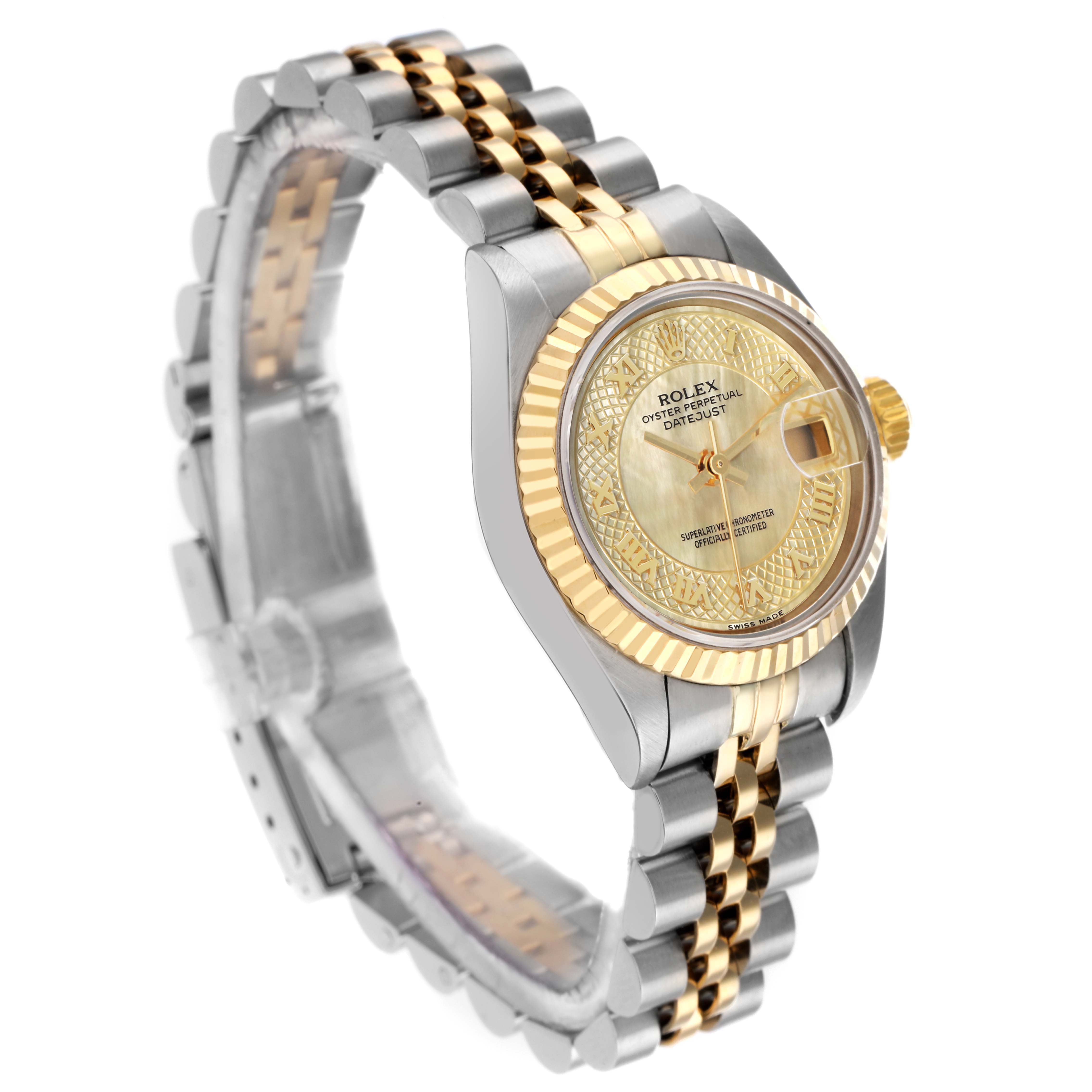 The image shows a Rolex Datejust 79173 Women
s Steel and Gold (two tone) Mother of Pearl Dial watch at a side angle, featuring its two-tone bracelet, fluted bezel, and dial.