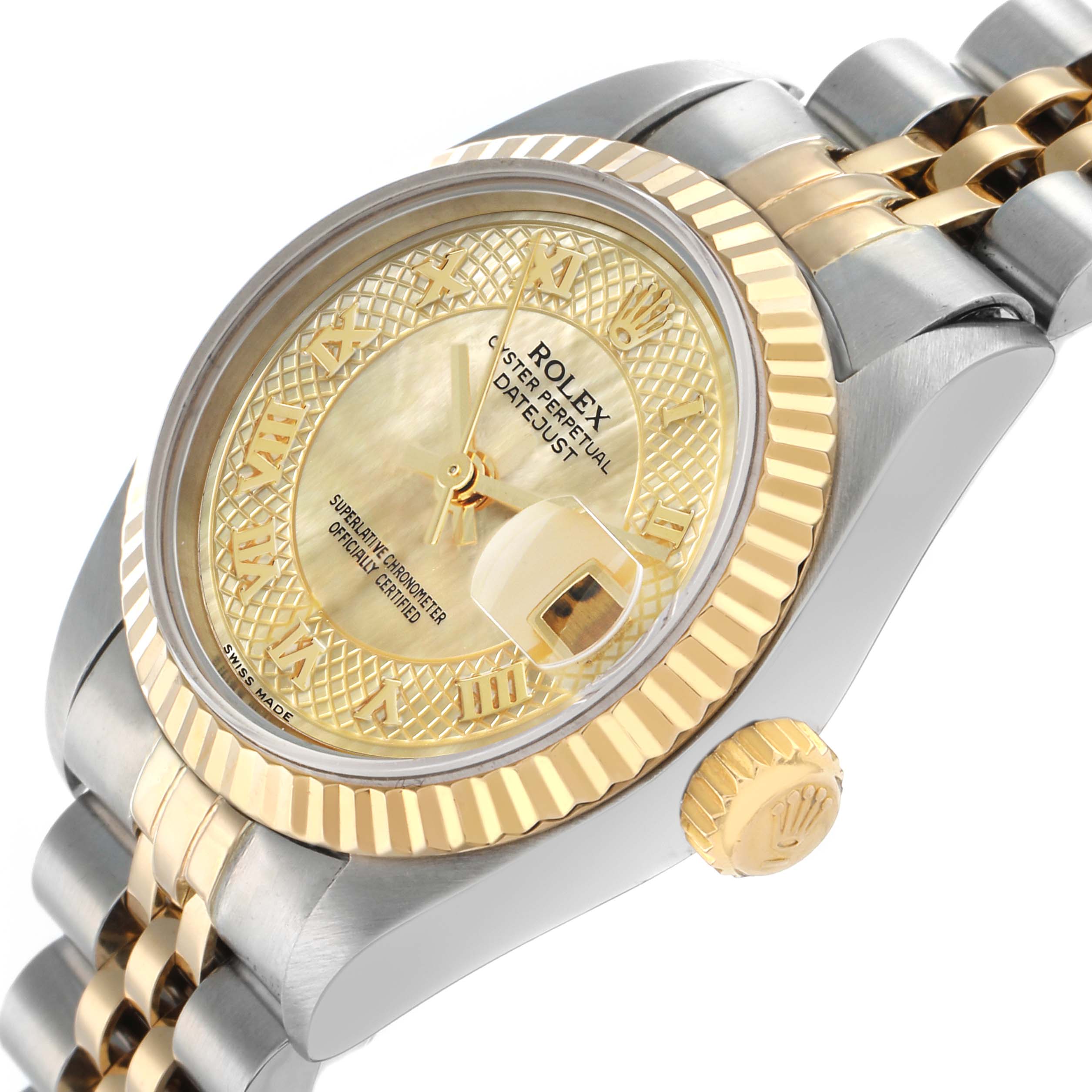The Rolex Datejust 79173 Women
s Steel and Gold (two tone) Mother of Pearl Dial is shown at a slight angle, featuring the gold bezel, dial, crown, and part of the bracelet.