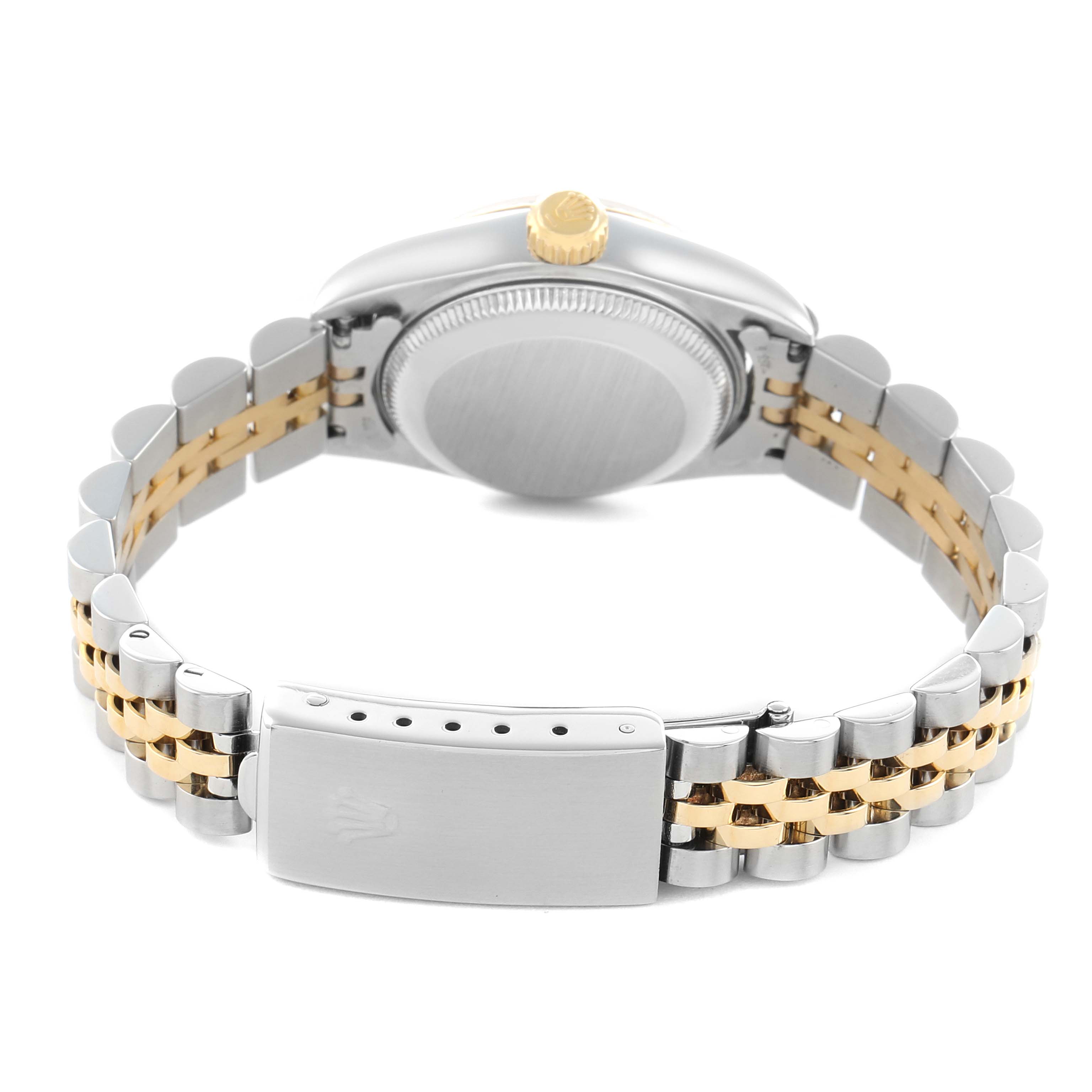 The Rolex Datejust 79173 Women
s Steel and Gold (two tone) Mother of Pearl Dial watch is shown from the back, highlighting the case back, crown, and two-tone bracelet clasp.