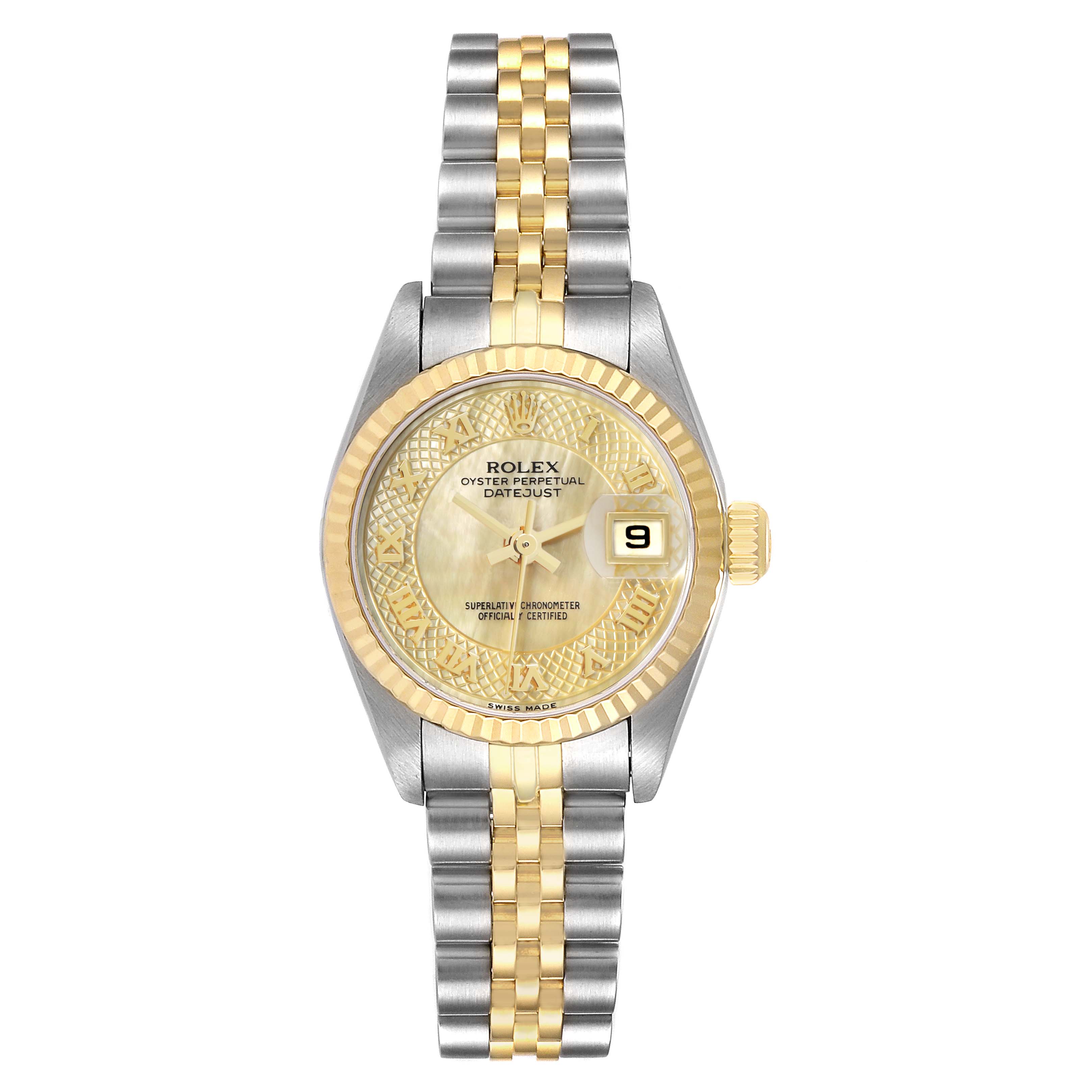 The Rolex Datejust 79173 Women
s Steel and Gold (two tone) Mother of Pearl Dial watch is shown from the front, highlighting its face, bezel, and two-tone bracelet.