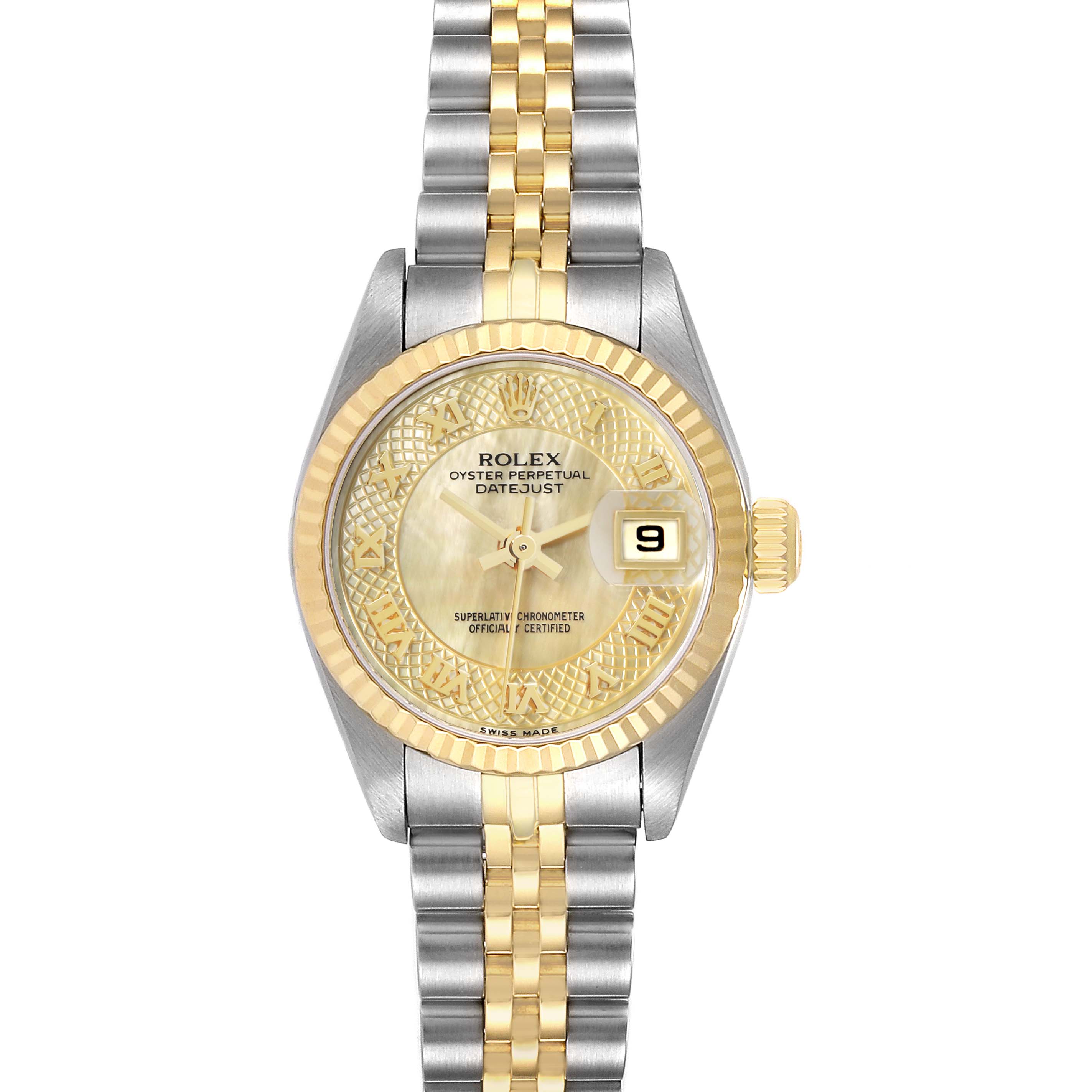 The Rolex Datejust 79173 Women
s Steel and Gold (two tone) Mother of Pearl Dial watch is shown from the front, highlighting the dial, bezel, crown, and two-tone bracelet.