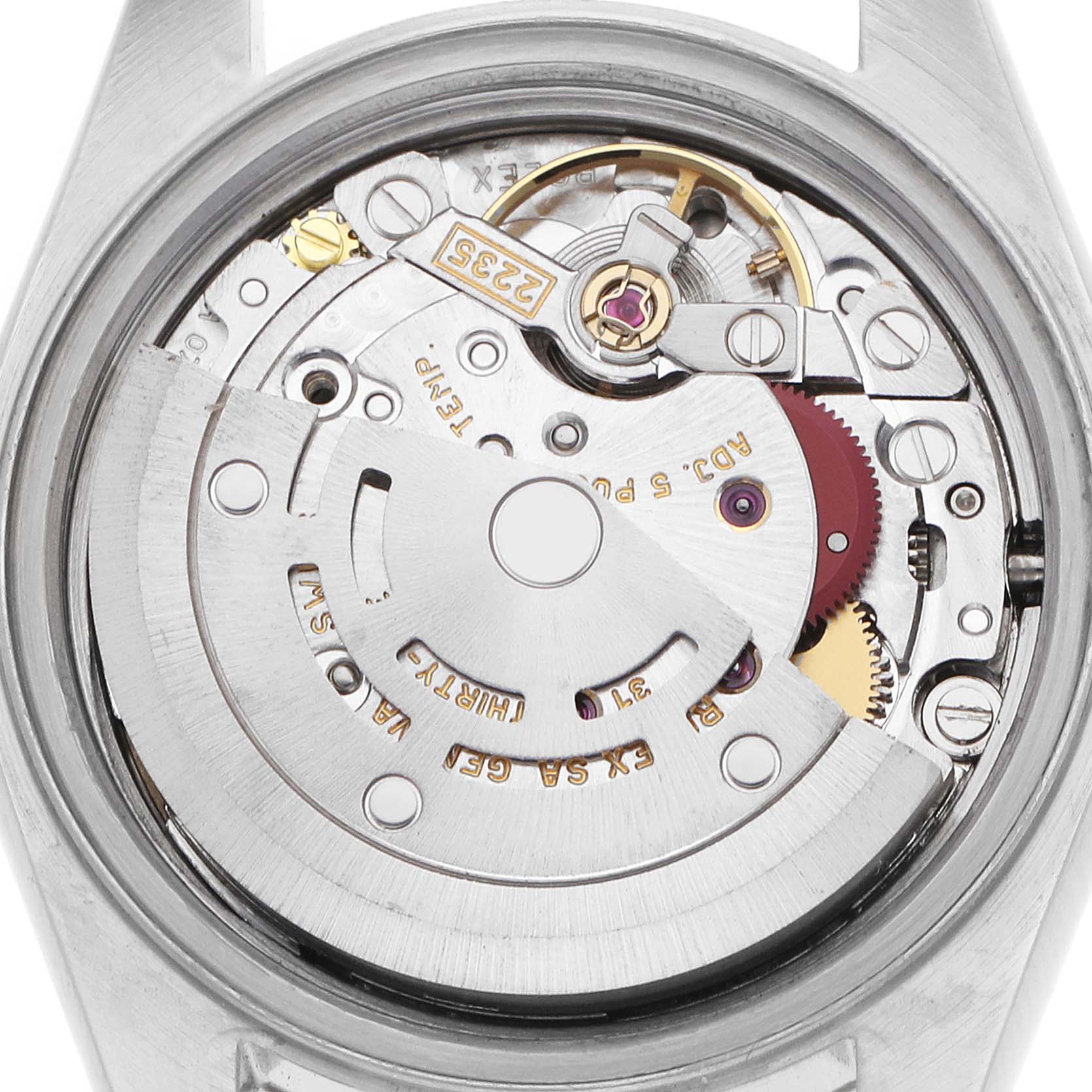 The image shows the movement of a Rolex Datejust 79173 Women
s Steel and Gold (two tone) Mother of Pearl Dial watch from a top-down angle, revealing its internal mechanical components.