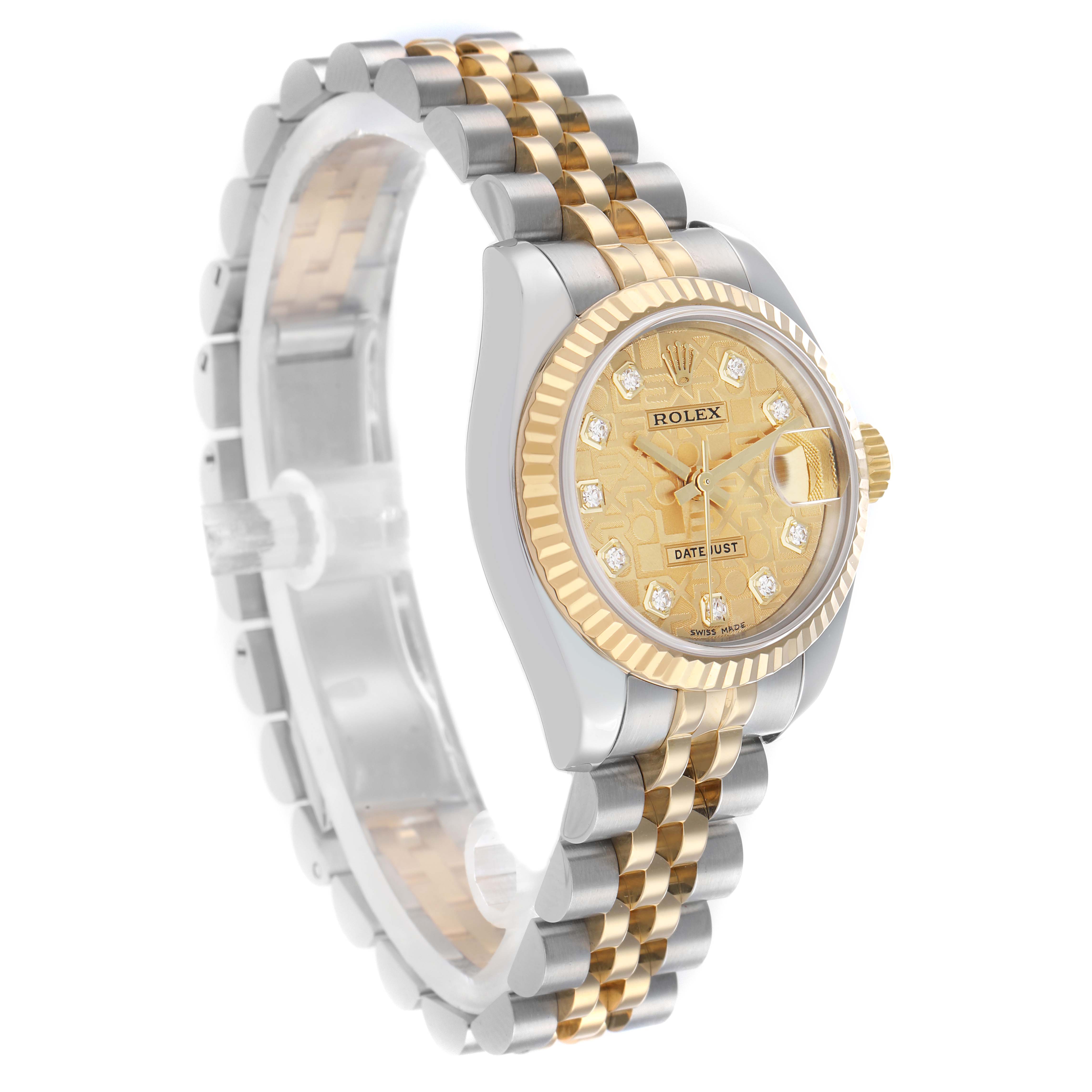 The Rolex Datejust 179173 Women
s Steel and Gold (two tone) Champagne Dial is shown at a three-quarter angle, highlighting the gold and silver bracelet, bezel, and diamond-studded dial.