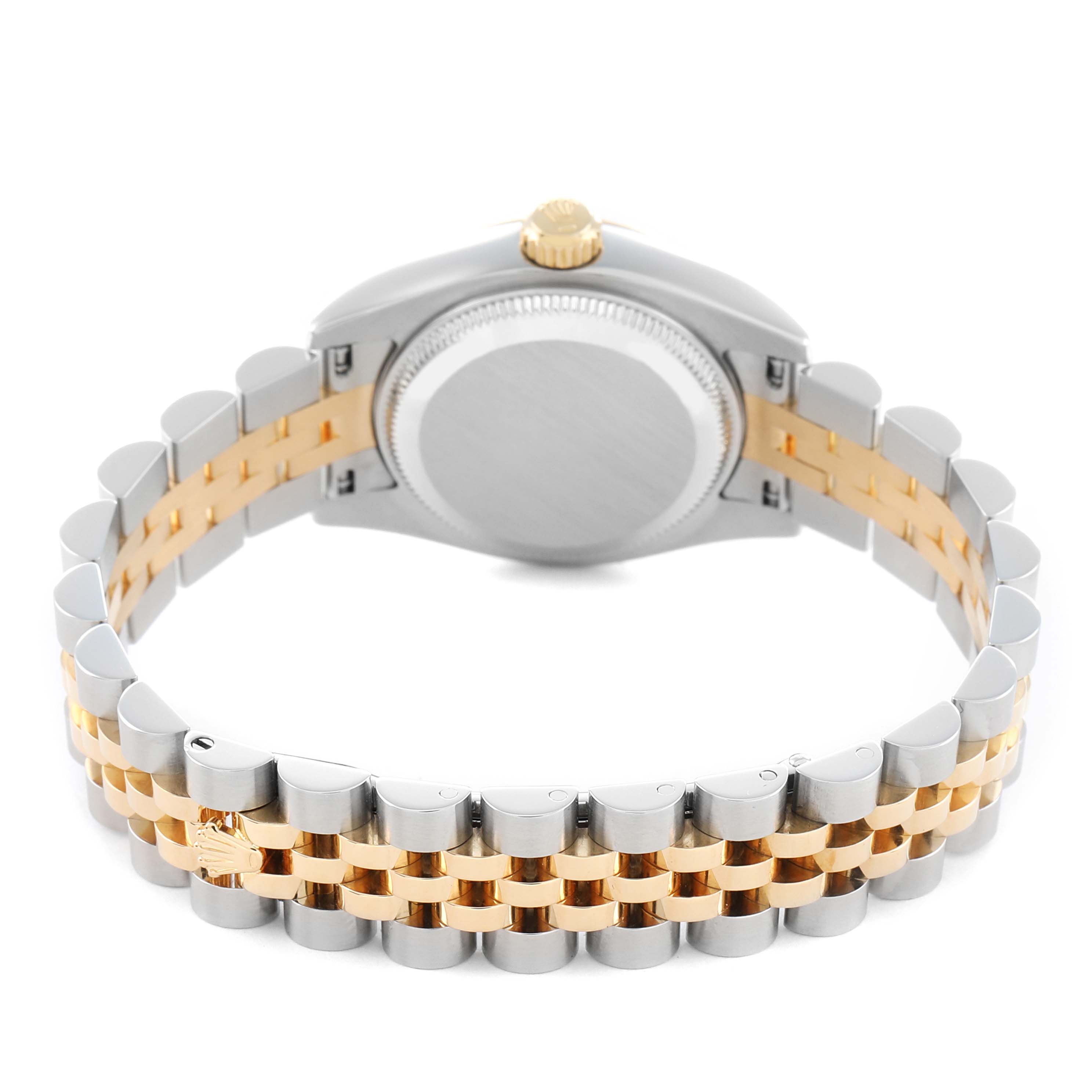 The image shows the back of a Rolex Datejust 179173 Women
s Steel and Gold (two tone) Champagne Dial watch with a two-tone Jubilee bracelet and a gold crown.