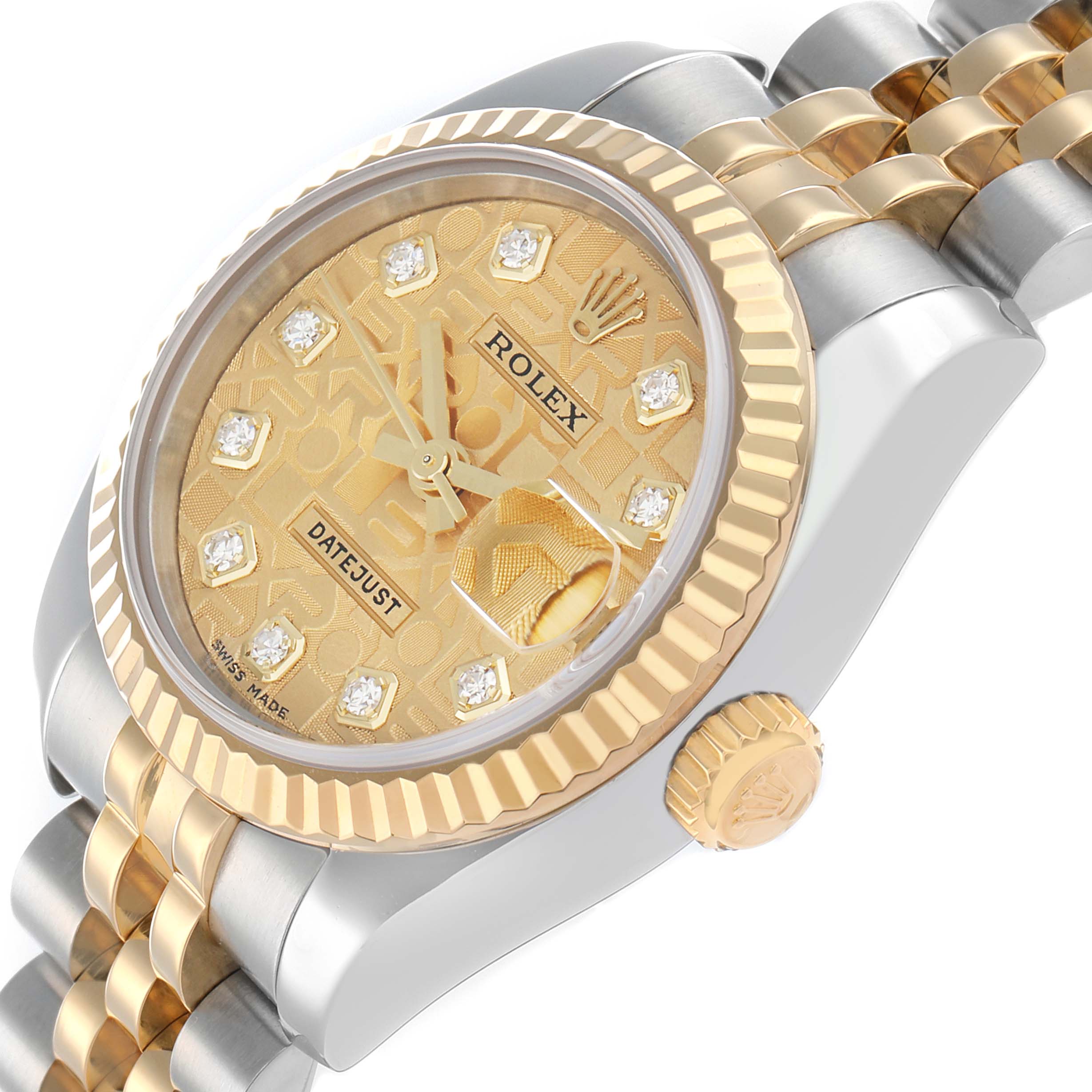 The Rolex Datejust 179173 Women
s Steel and Gold (two tone) Champagne Dial watch is shown at a slight angle highlighting the dial, bezel, and part of the bracelet.