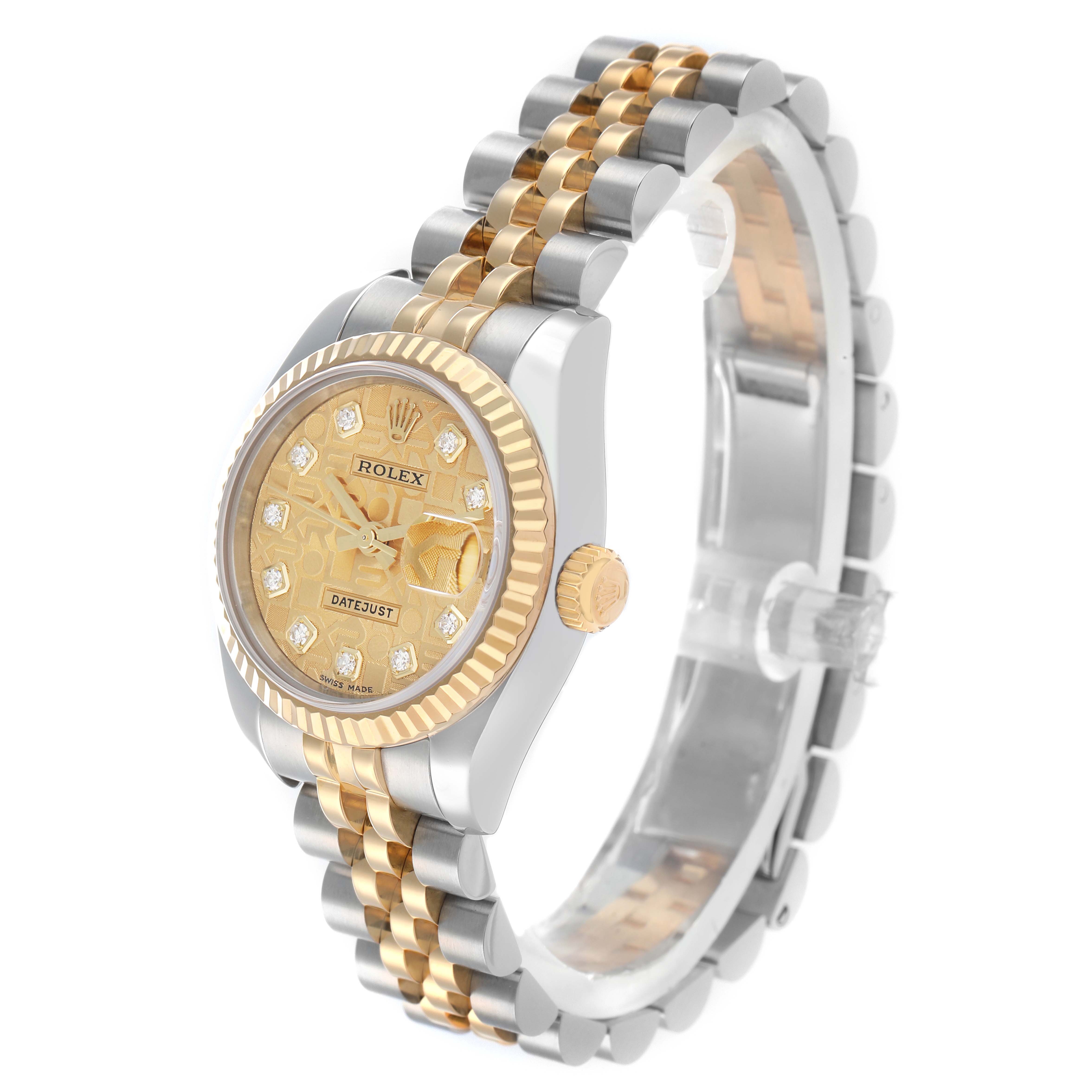 The Rolex Datejust 179173 Women
s Steel and Gold (two tone) Champagne Dial watch is shown from a three-quarter angle, highlighting its face, bezel, crown, and two-tone band.