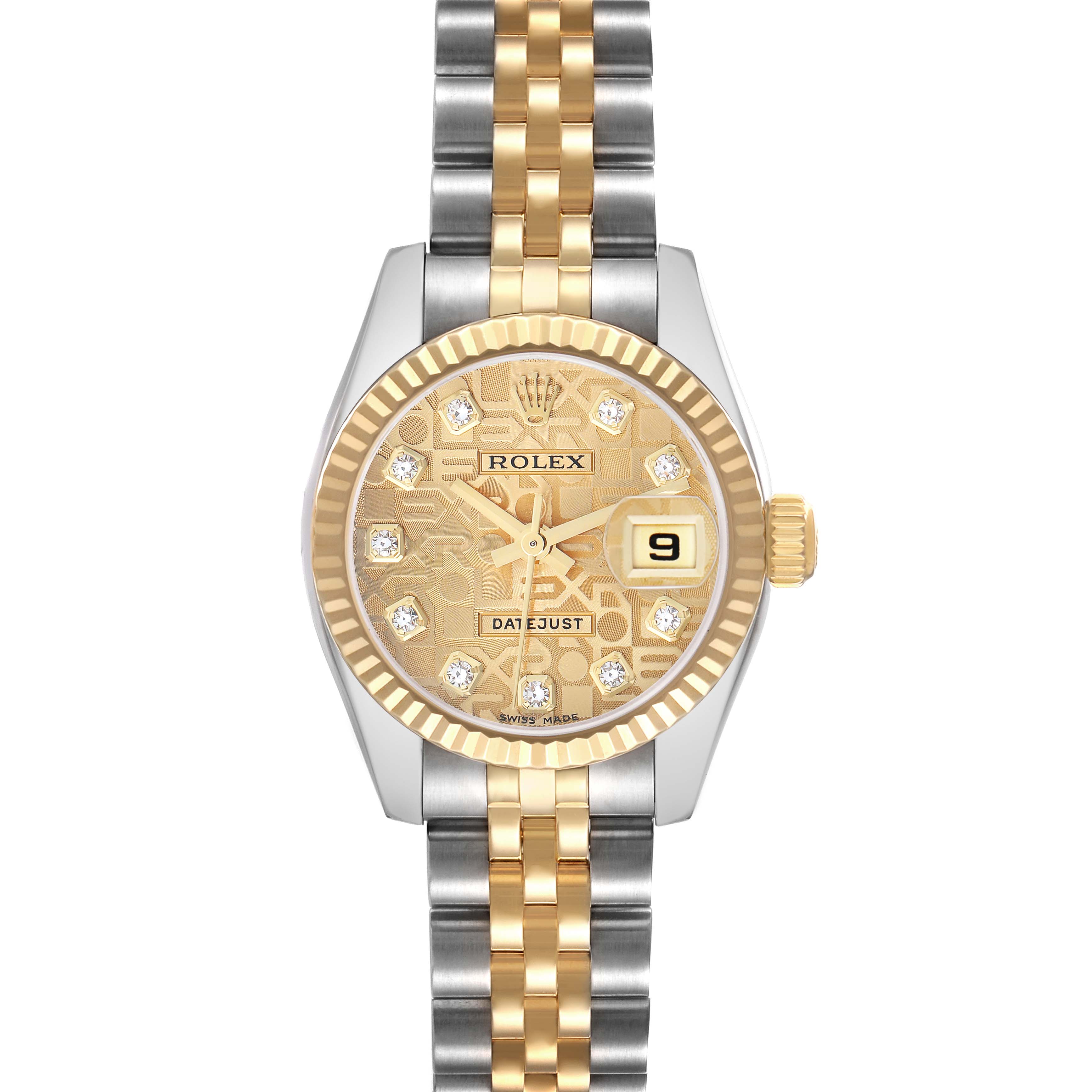 The Rolex Datejust 179173 Women
s Steel and Gold (two tone) Champagne Dial watch is shown from a top view, highlighting its gold and silver bracelet, bezel, and detailed dial.