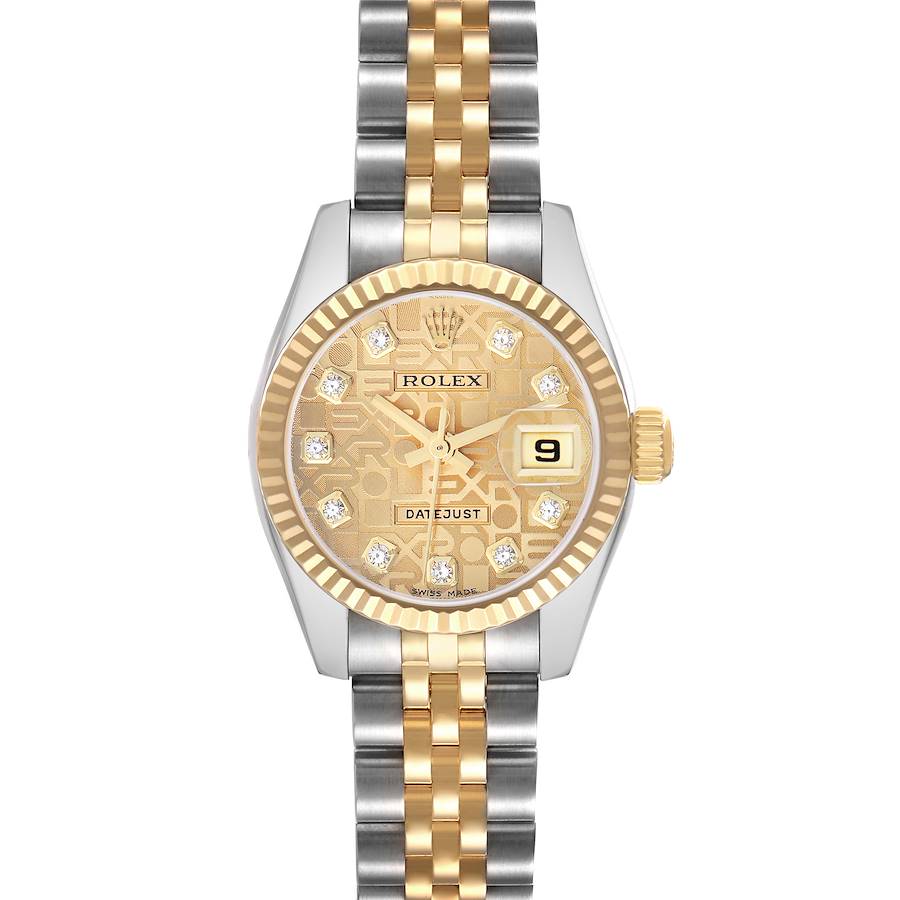 The Rolex Datejust 179173 Women's Steel and Gold (two tone) Champagne Dial watch is shown from a top view, highlighting its gold and silver bracelet, bezel, and detailed dial.