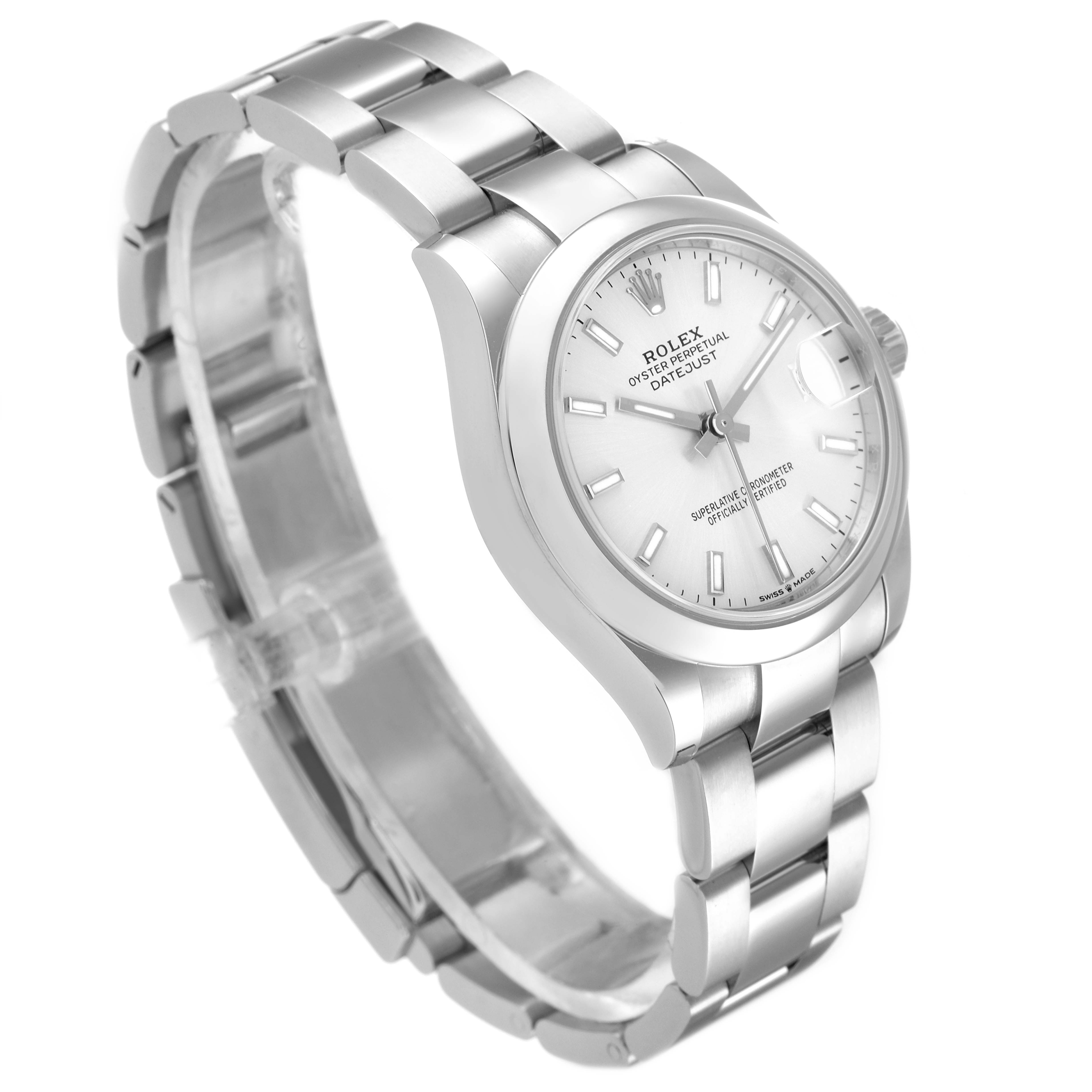 The Rolex Datejust 278240 Women's Stainless Steel Silver Dial 278240 Women's Stainless Steel Silver Dial watch is shown at a slight angle displaying its face, crown, and metal bracelet.