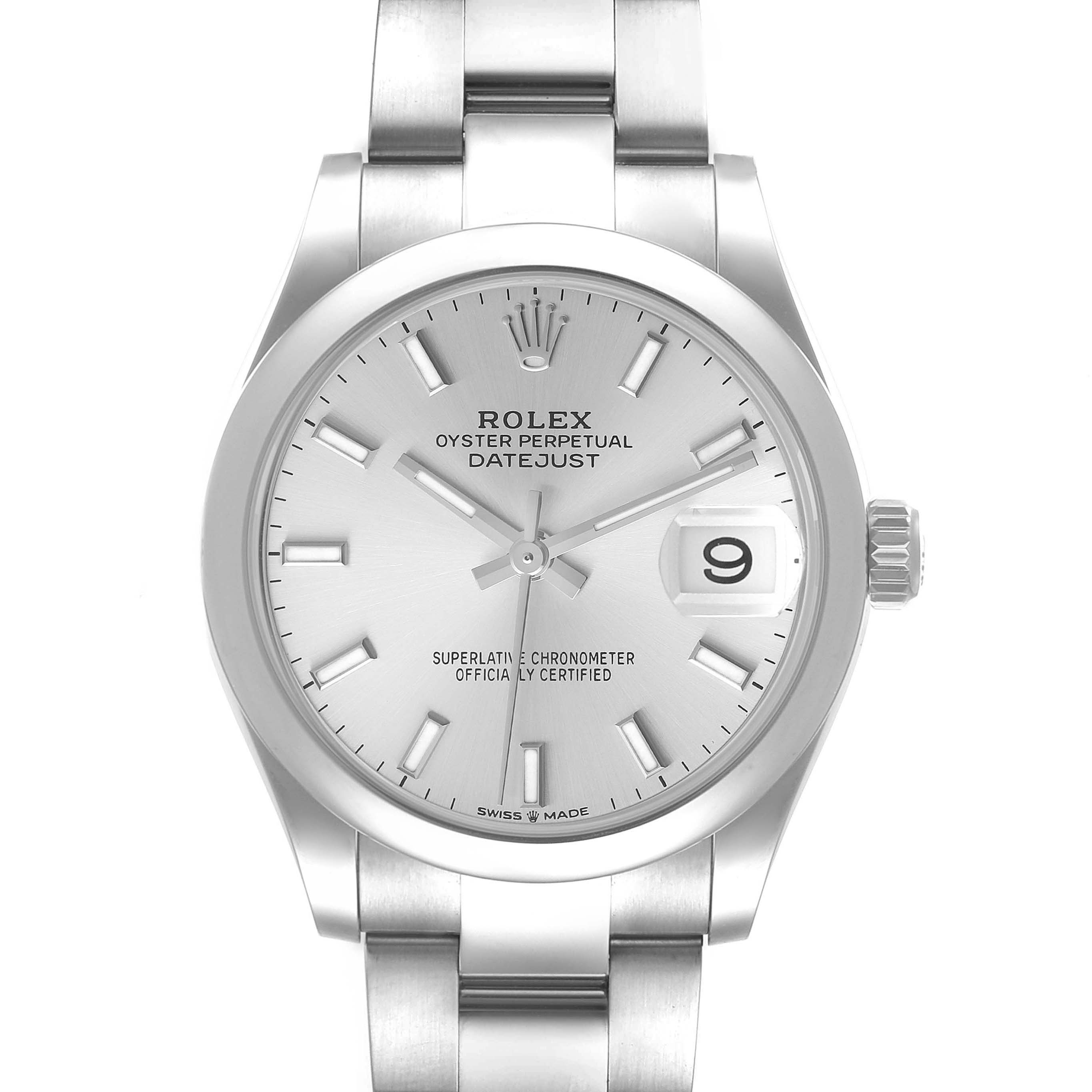 This image shows the front view of a Rolex Datejust 278240 Women's Stainless Steel Silver Dial 278240 Women's Stainless Steel Silver Dial watch, highlighting the dial, hour markers, hands, and date window.