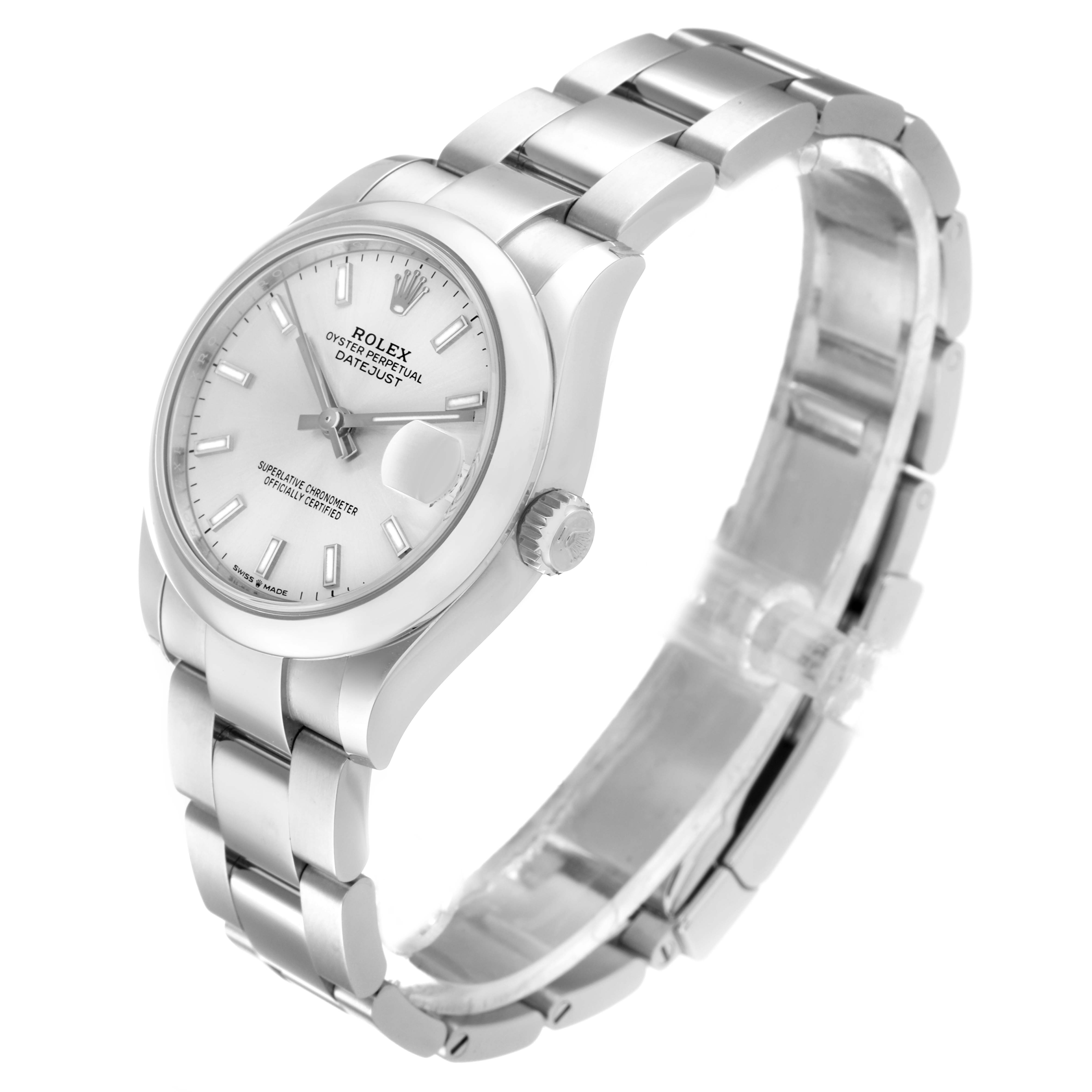 The image shows a Rolex Datejust 278240 Women's Stainless Steel Silver Dial 278240 Women's Stainless Steel Silver Dial watch from a three-quarter angle, displaying the face, bracelet, and crown.