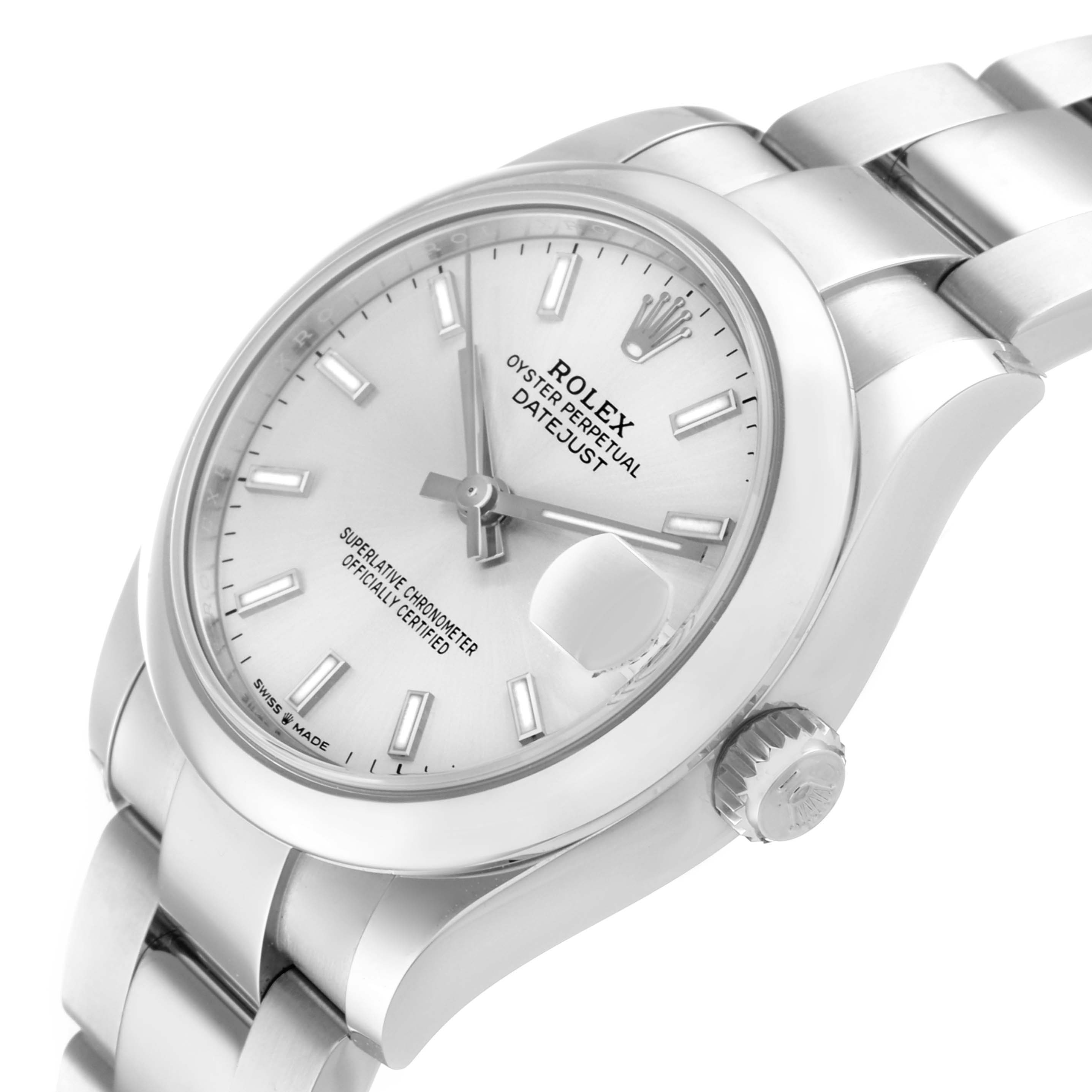The image shows a close-up angled view of the Rolex Datejust 278240 Women's Stainless Steel Silver Dial 278240 Women's Stainless Steel Silver Dial watch, highlighting the dial, bezel, crown, and bracelet.