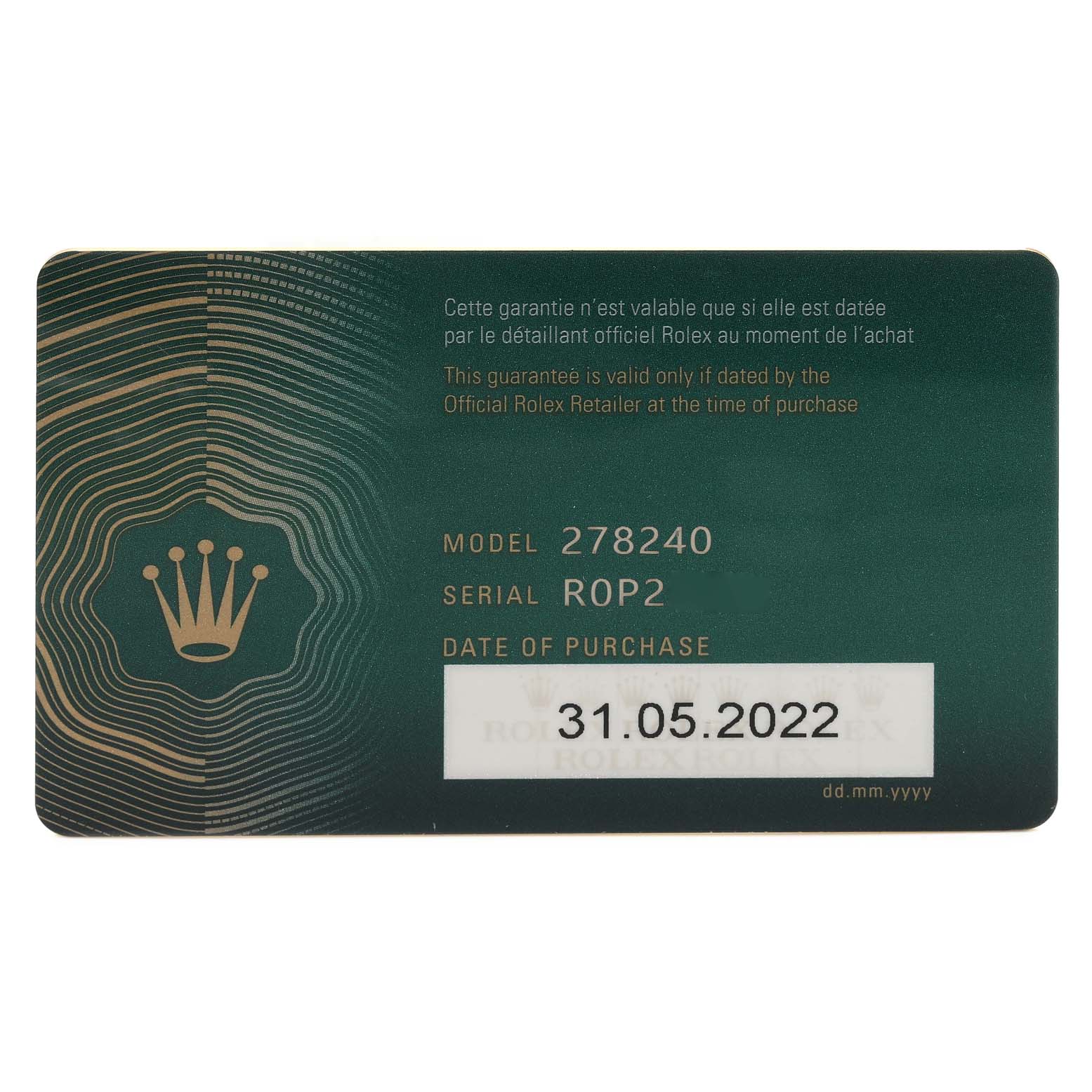 This image shows a warranty card for the Rolex Datejust 278240 Women's Stainless Steel Silver Dial 278240 Women's Stainless Steel Silver Dial model 278240.