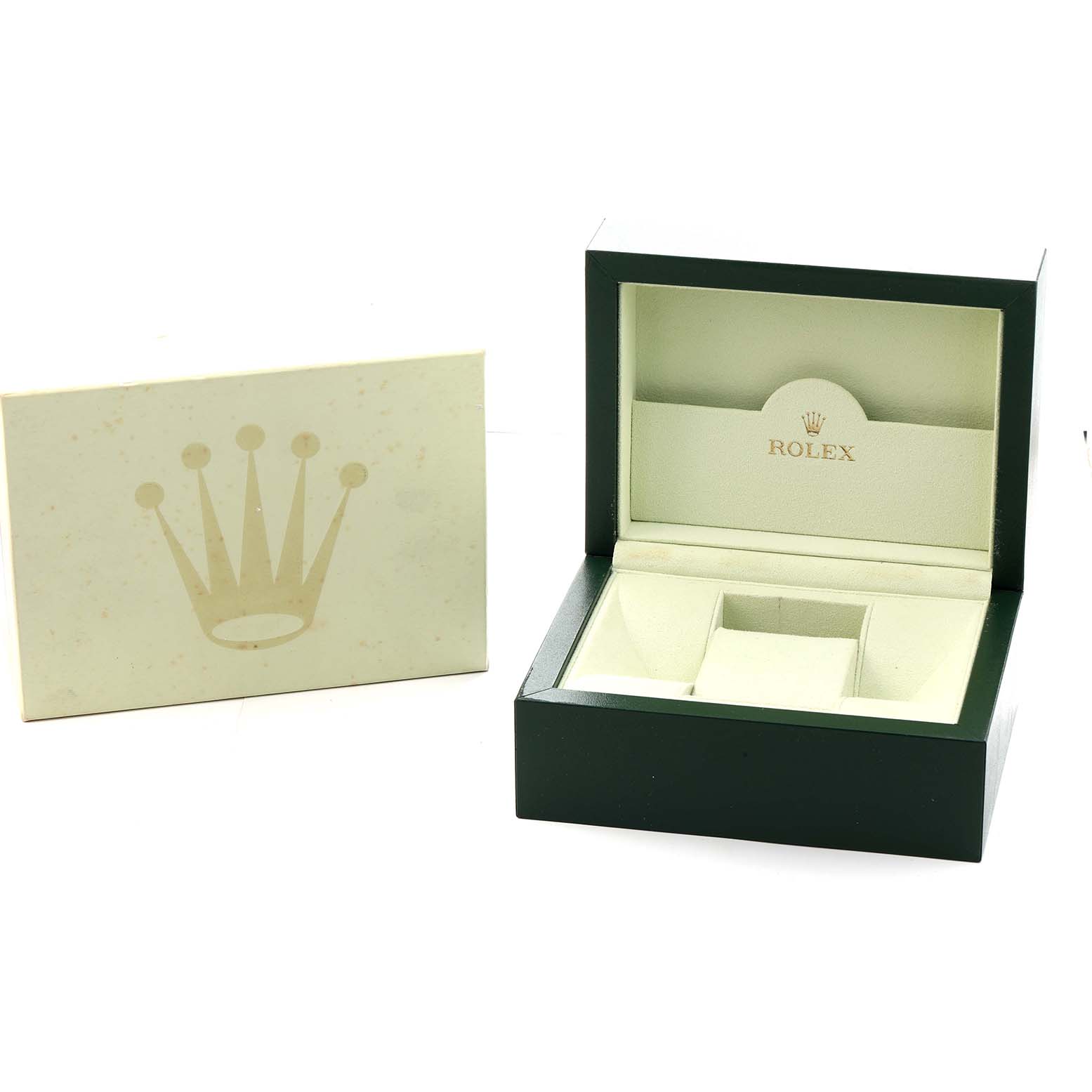 The image shows a Rolex Datejust 178274 Women
s Stainless Steel Silver Dial watch box, open, along with a beige card with the Rolex logo.