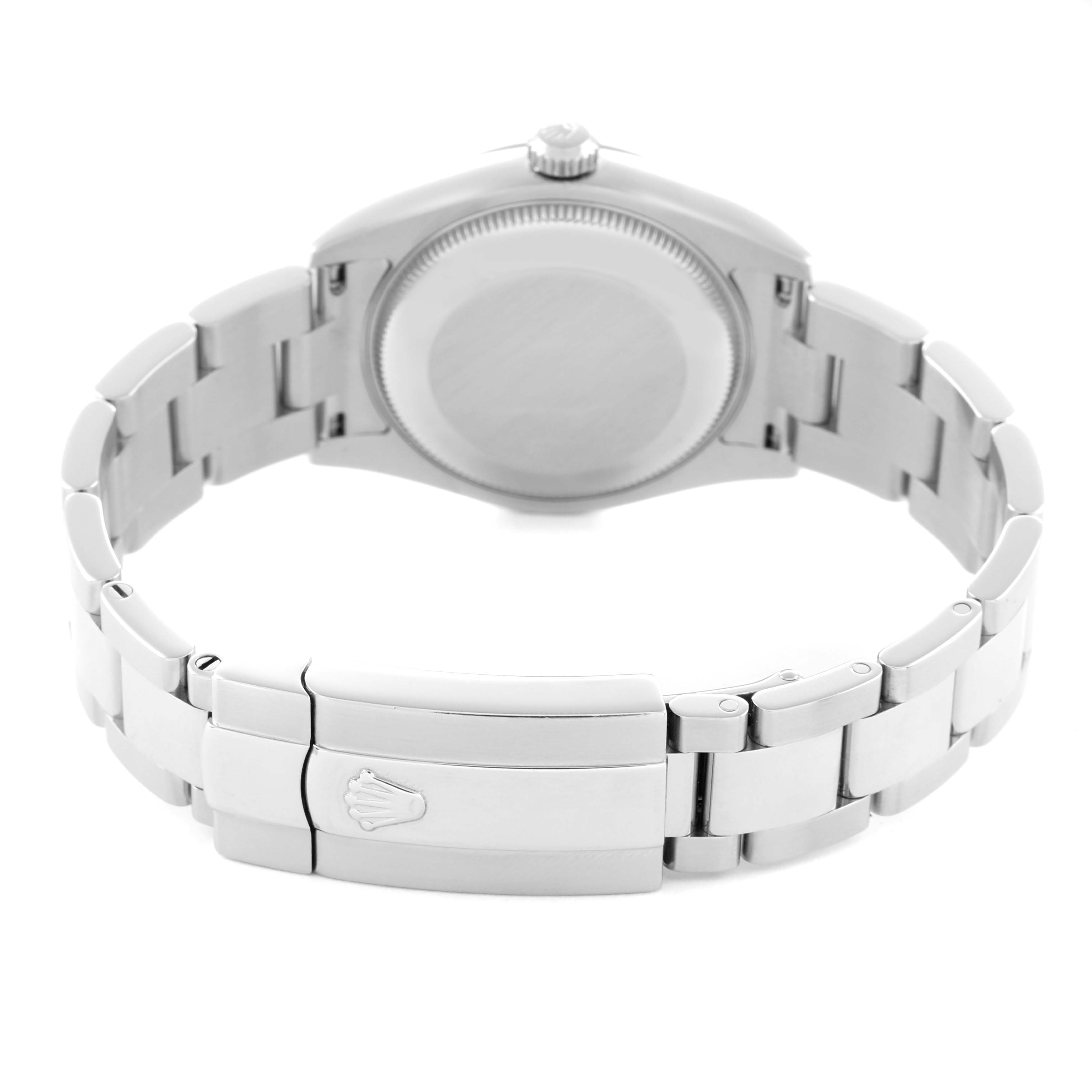 The image shows the back view of a Rolex Datejust 178274 Women
s Stainless Steel Silver Dial watch, highlighting its case back and clasp with the Rolex logo.