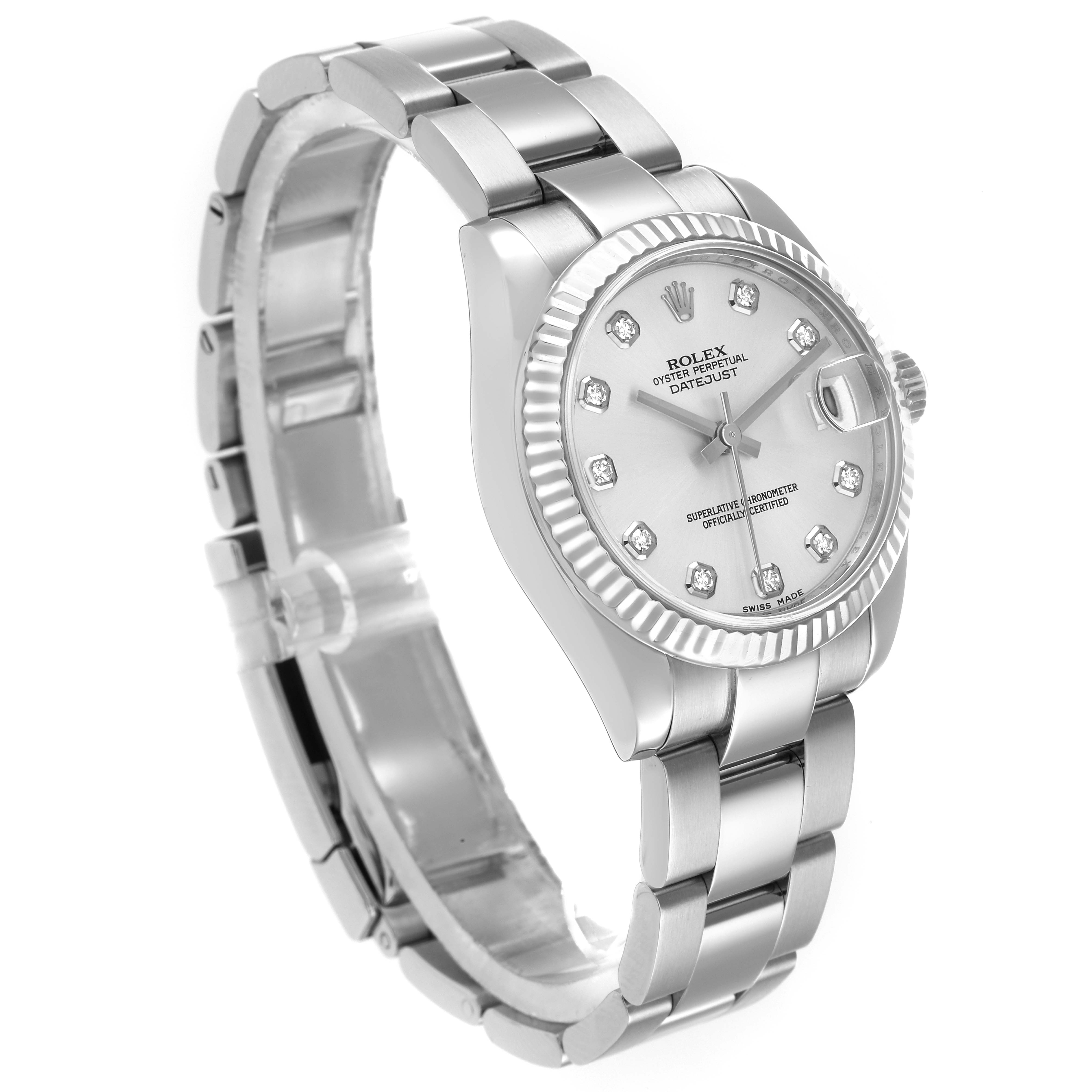 The Rolex Datejust 178274 Women
s Stainless Steel Silver Dial watch is shown at a slight angle highlighting the case, bracelet, and diamond-accented dial.