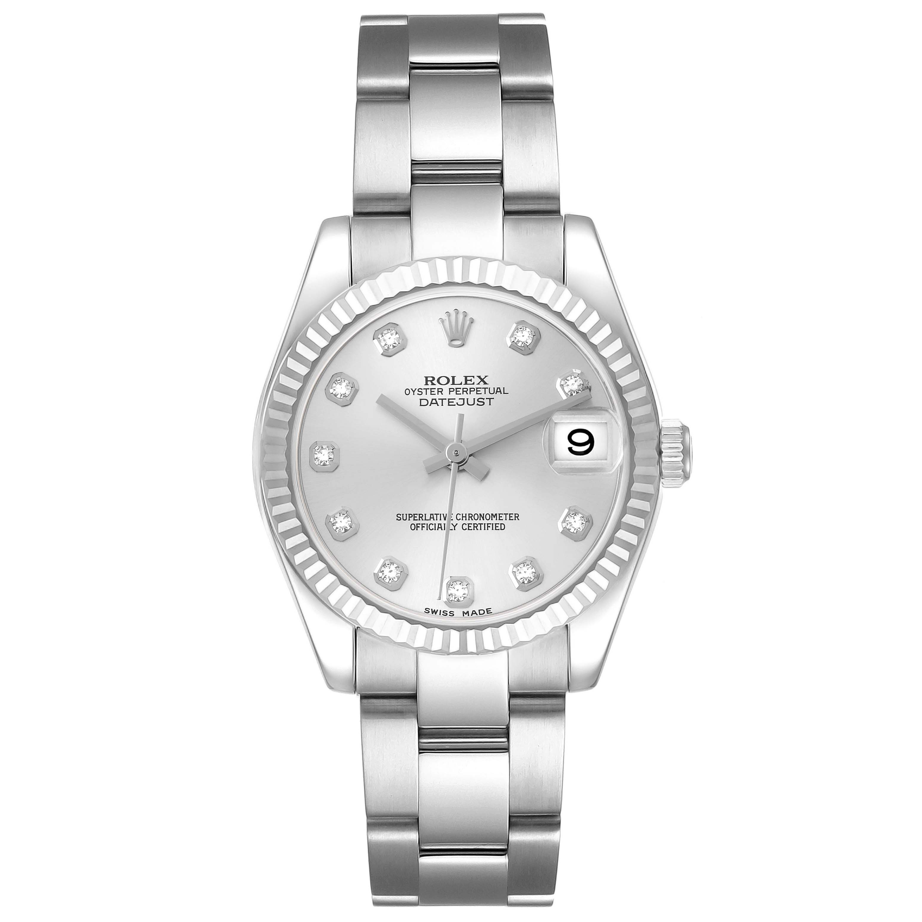 The Rolex Datejust 178274 Women
s Stainless Steel Silver Dial watch is shown from a direct front angle, displaying the dial, bracelet, and fluted bezel.