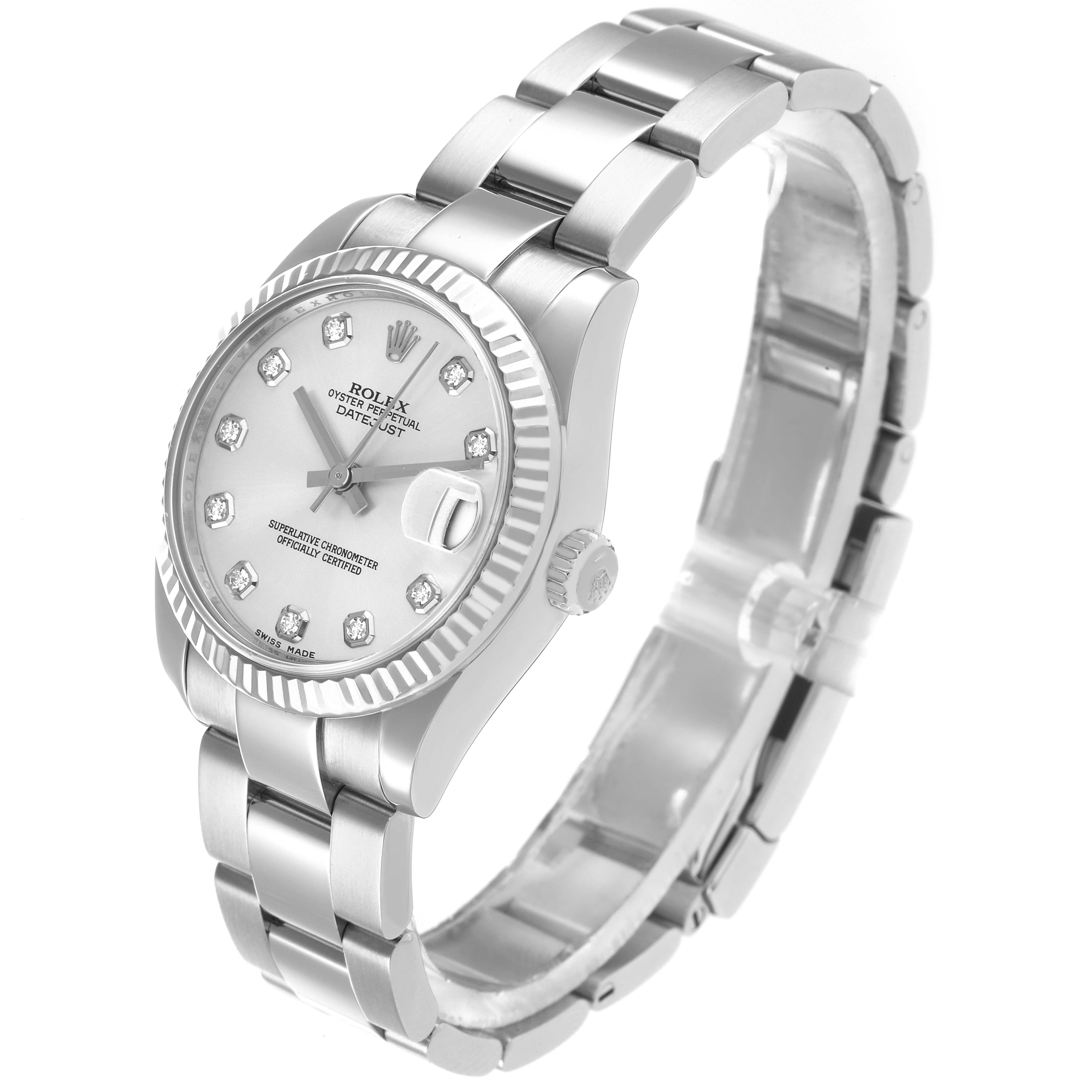 The Rolex Datejust 178274 Women
s Stainless Steel Silver Dial watch is shown at a slight angle, displaying the face, bezel, crown, and bracelet.