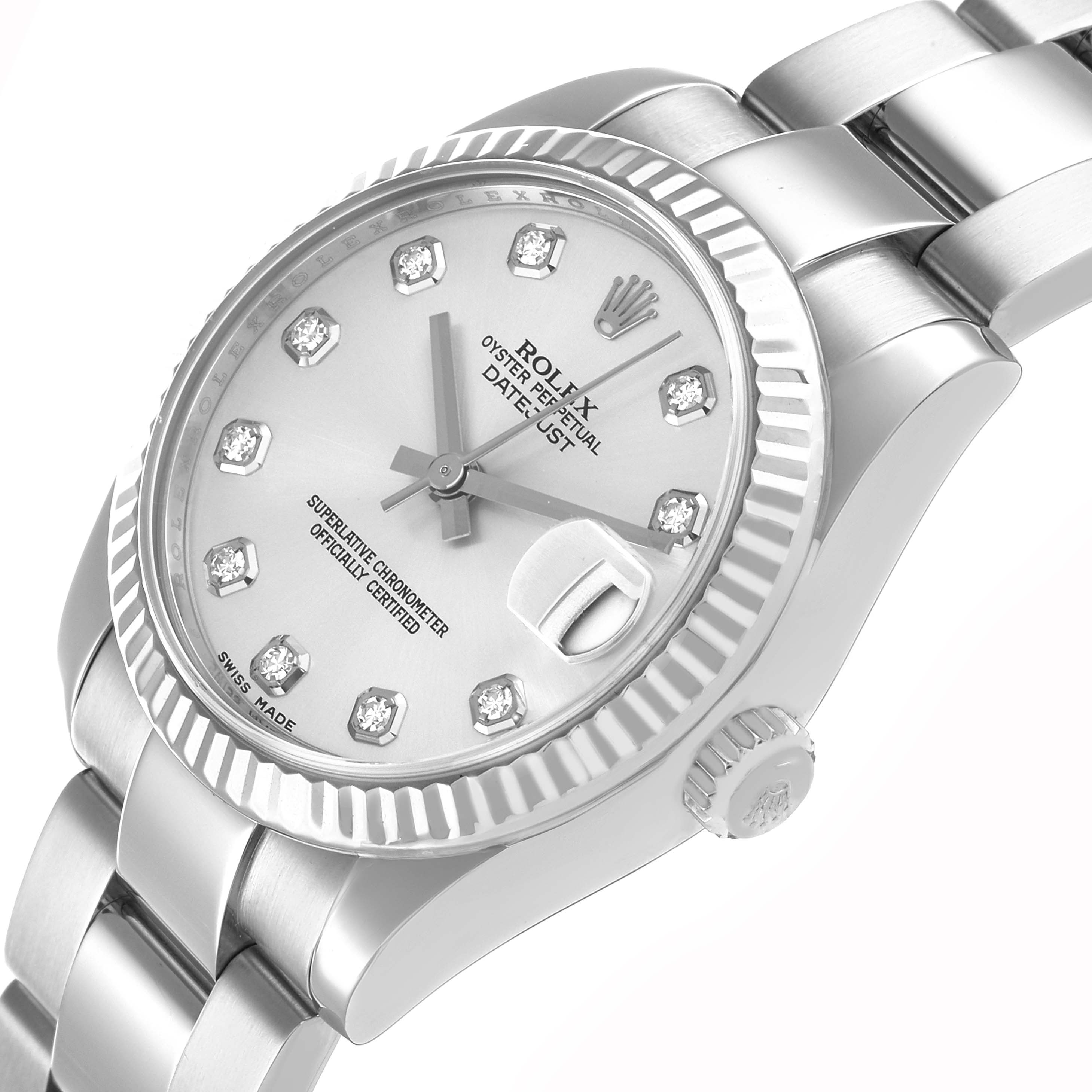 The Rolex Datejust 178274 Women
s Stainless Steel Silver Dial watch is shown at a slight angle, highlighting the dial, bezel, crown, and part of the bracelet.