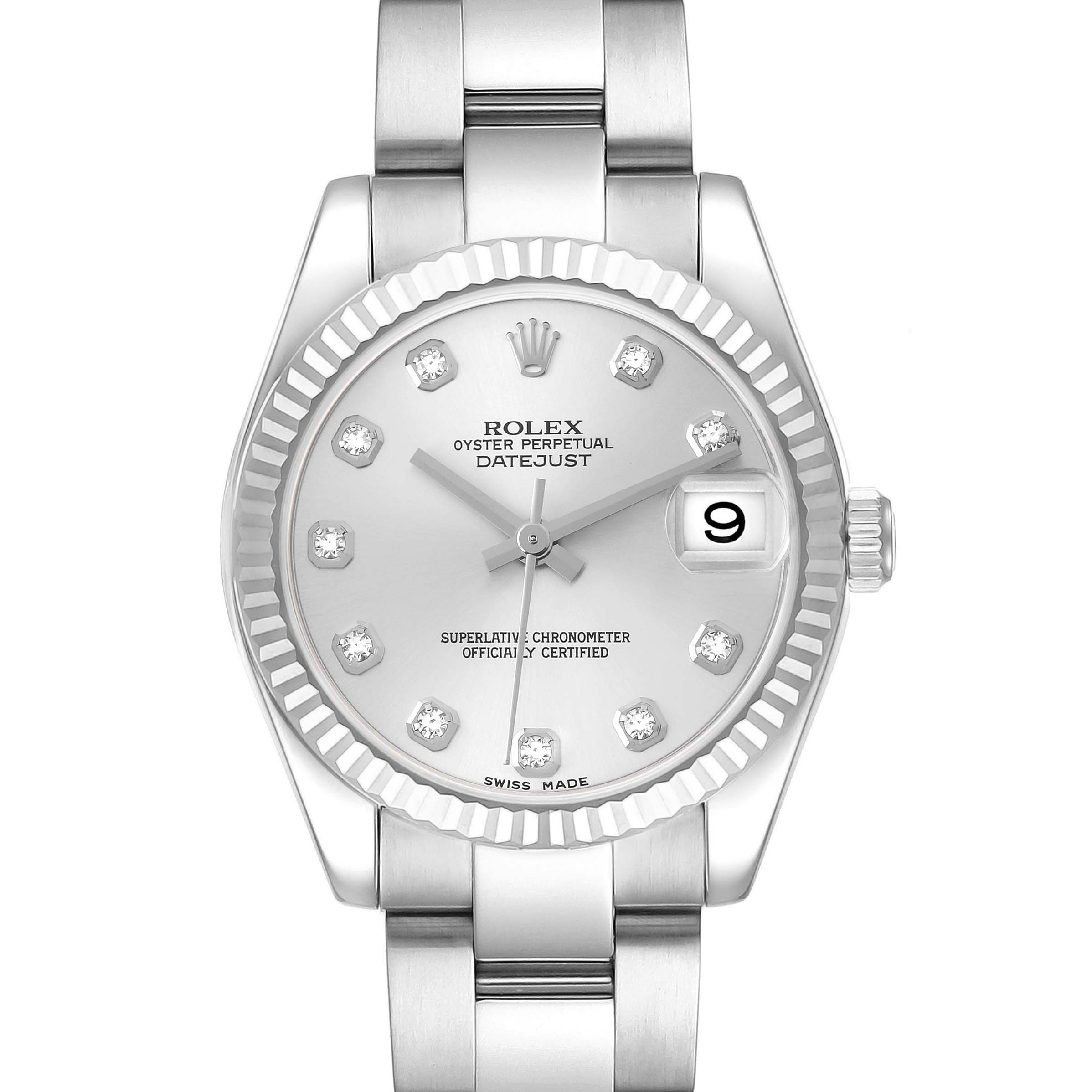 The Rolex Datejust 178274 Women
s Stainless Steel Silver Dial watch is shown from the front, highlighting its dial, bezel, and bracelet.
