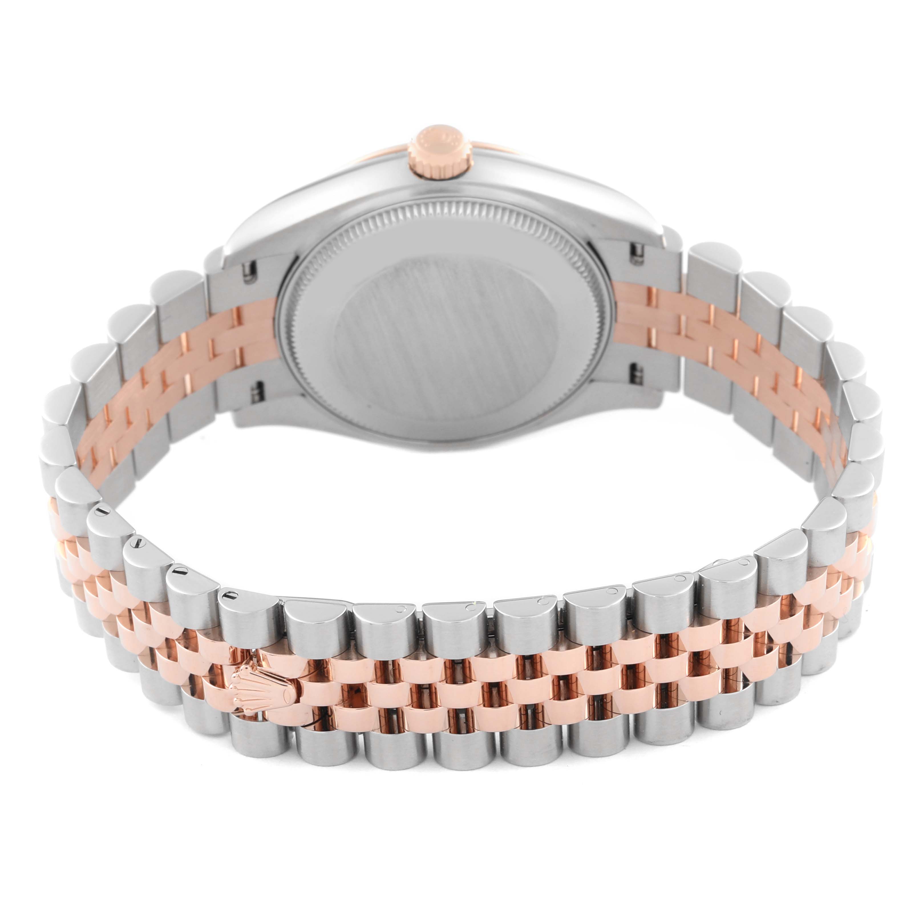 This image shows the back and bracelet of a Mid-Size Rolex watch, highlighting its two-tone metal design.