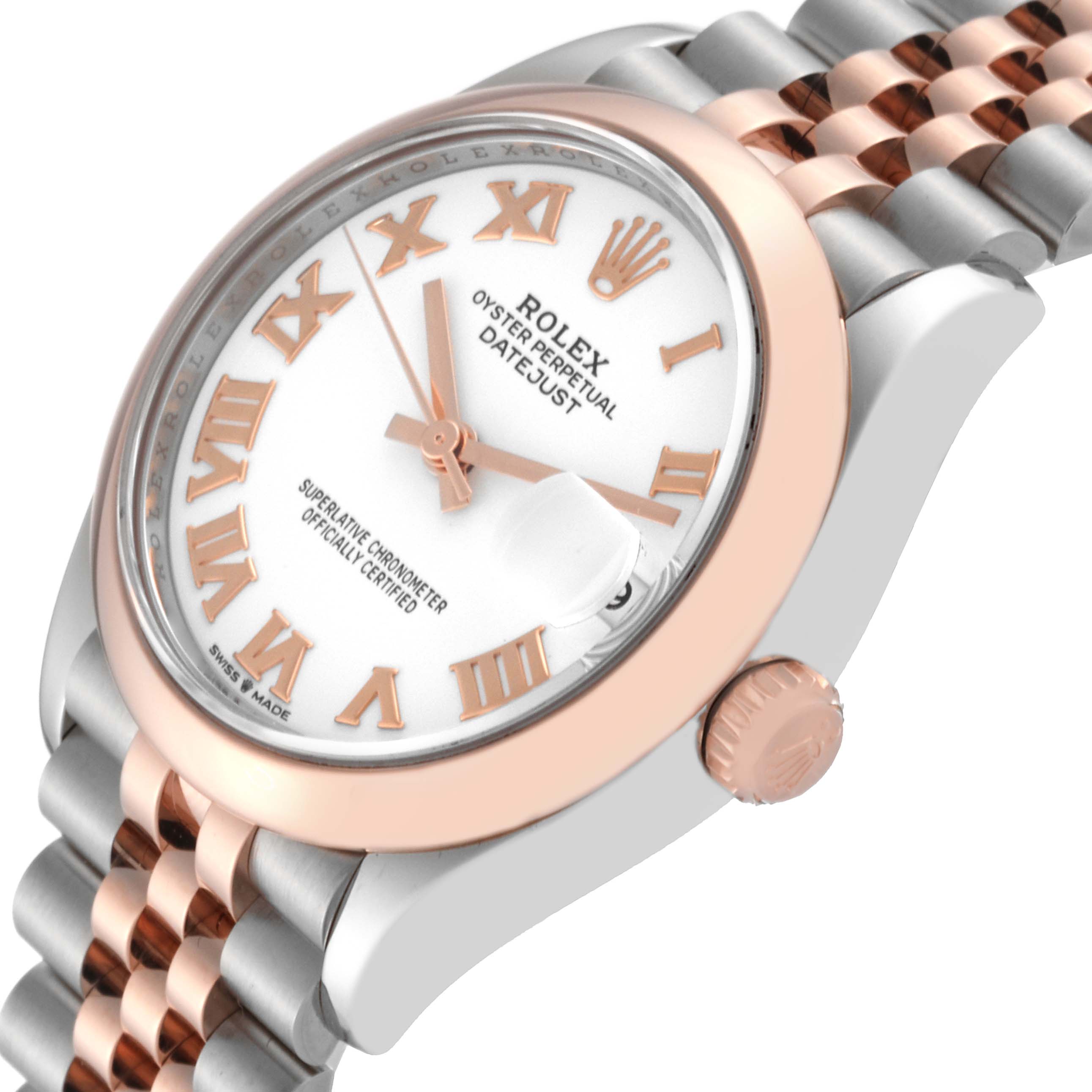 The image shows a Rolex Mid-Size 278241 Women's Steel and Gold (two tone) White Dial 278241 Women's Steel and Gold (two tone) White Dial Oyster Perpetual Datejust watch at an angle highlighting the dial, bezel, and part of the bracelet.