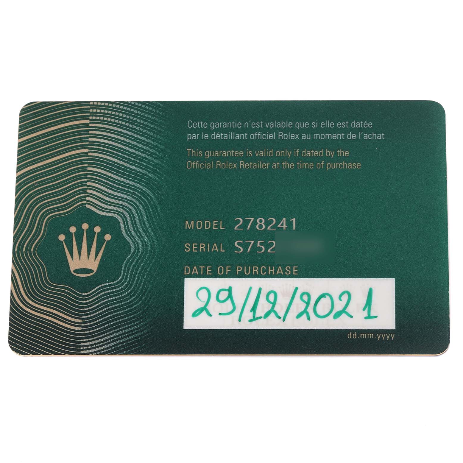 The image shows a green Rolex warranty card with model number 278241, serial number S752, and a purchase date of 29/12/2021.