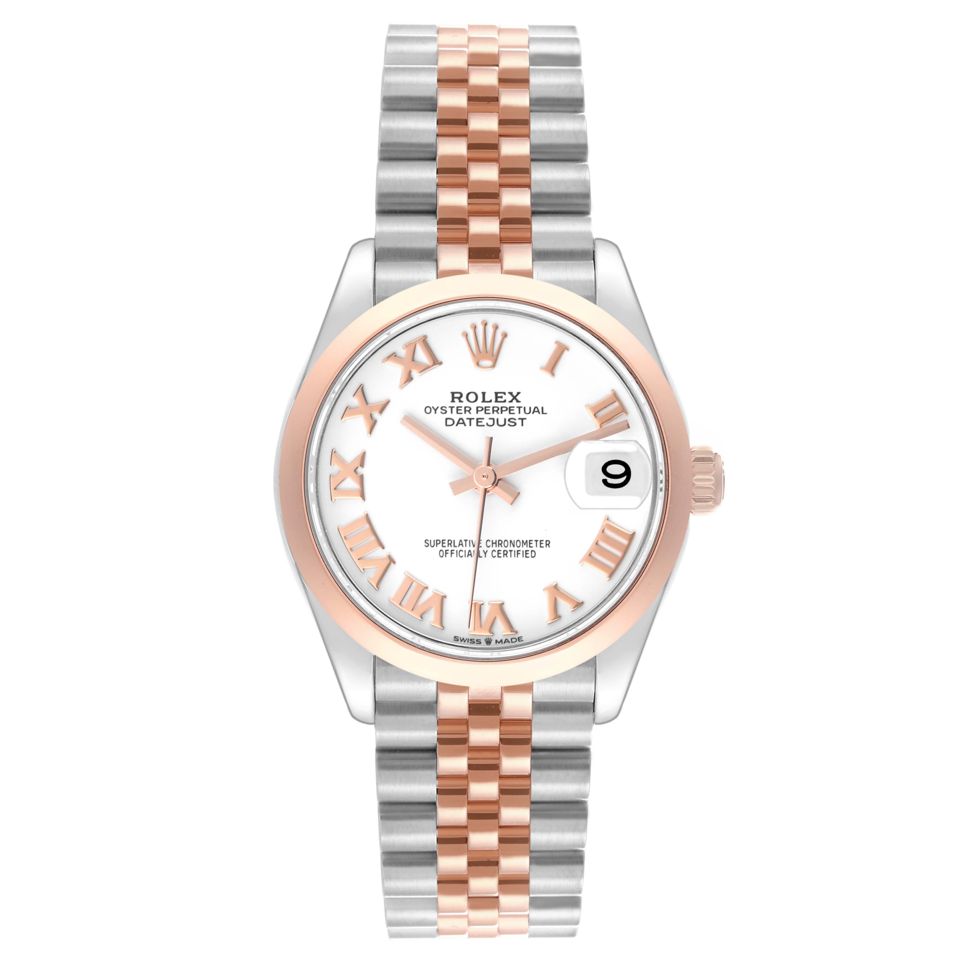 This image shows a Rolex Datejust Mid-Size watch, featuring a two-tone bracelet, white dial, and Roman numeral markers viewed from the front.