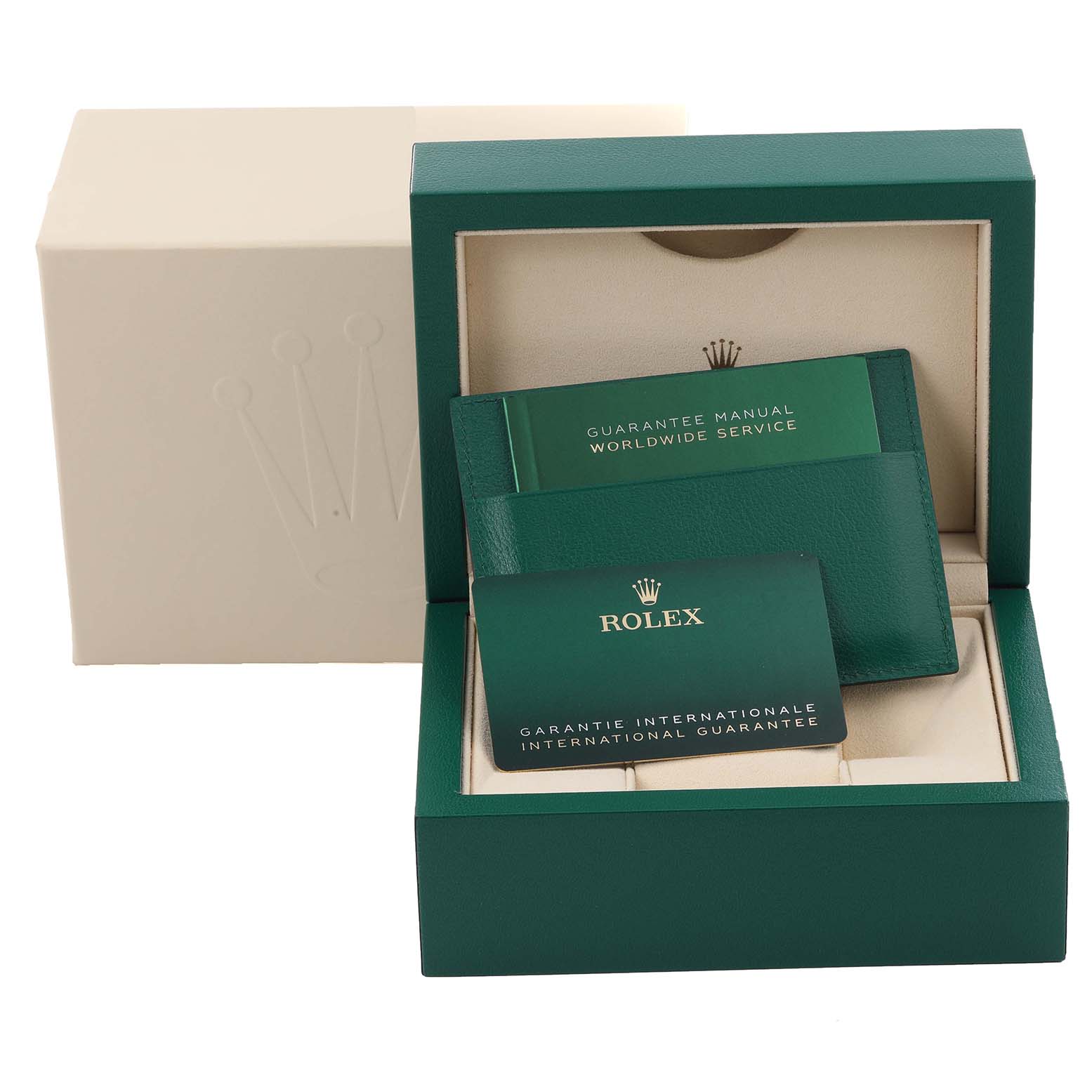 The image shows the packaging and warranty cards for a Rolex Mid-Size 278241 Women's Steel and Gold (two tone) White Dial 278241 Women's Steel and Gold (two tone) White Dial watch, including the box and guarantee manual.