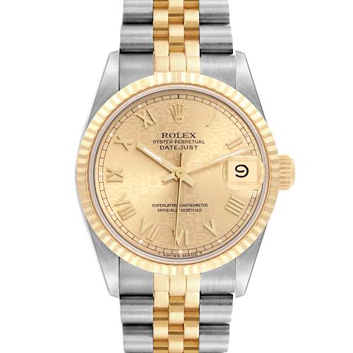 The image shows a front view of a Rolex Datejust Mid-Size model, highlighting the dial, bezel, and part of the bracelet.