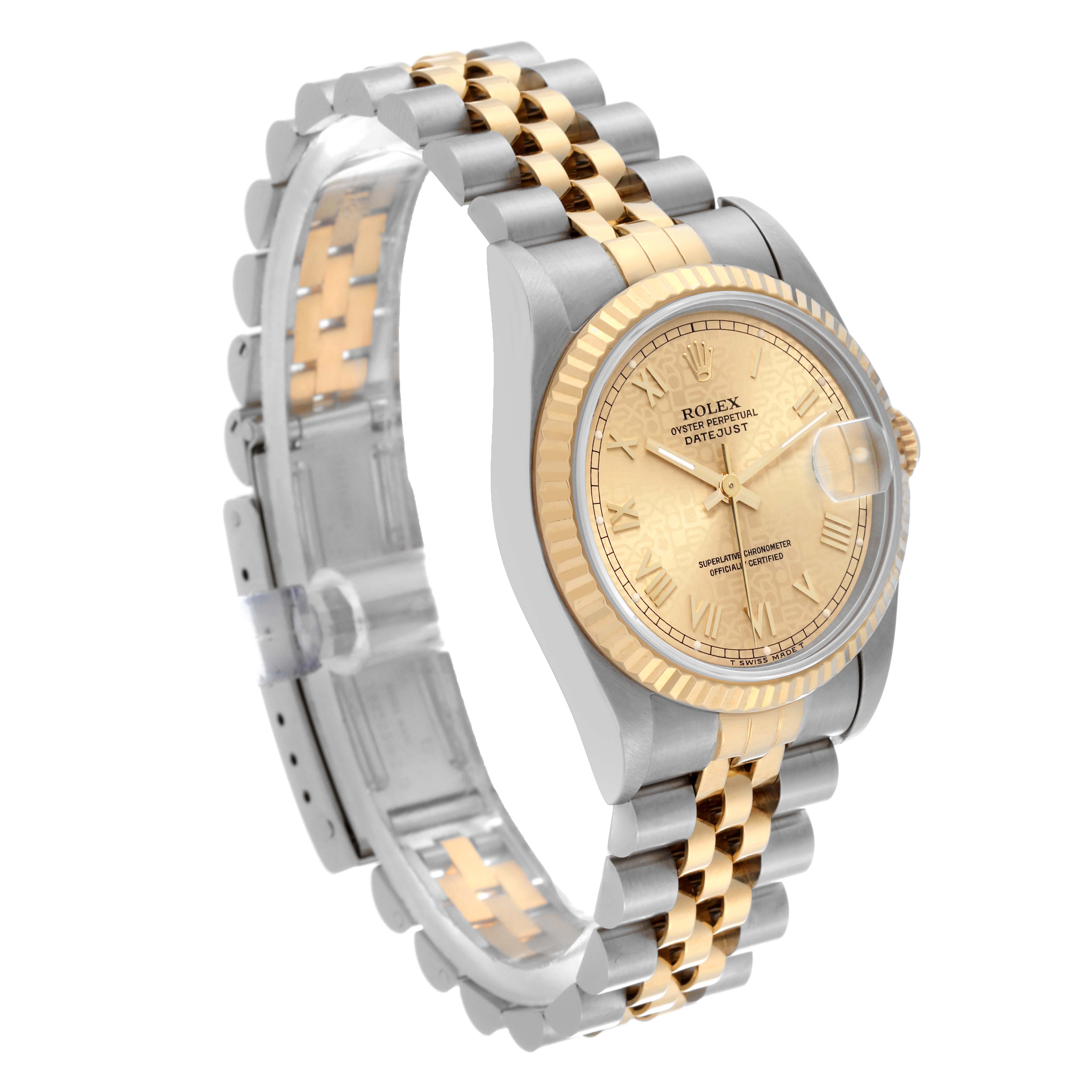 The Rolex Mid-Size 68273 Women's Steel and Gold (two tone) Champagne Dial 68273 Women's Steel and Gold (two tone) Champagne Dial model is shown at a three-quarter angle, displaying the face, bezel, and two-tone bracelet.