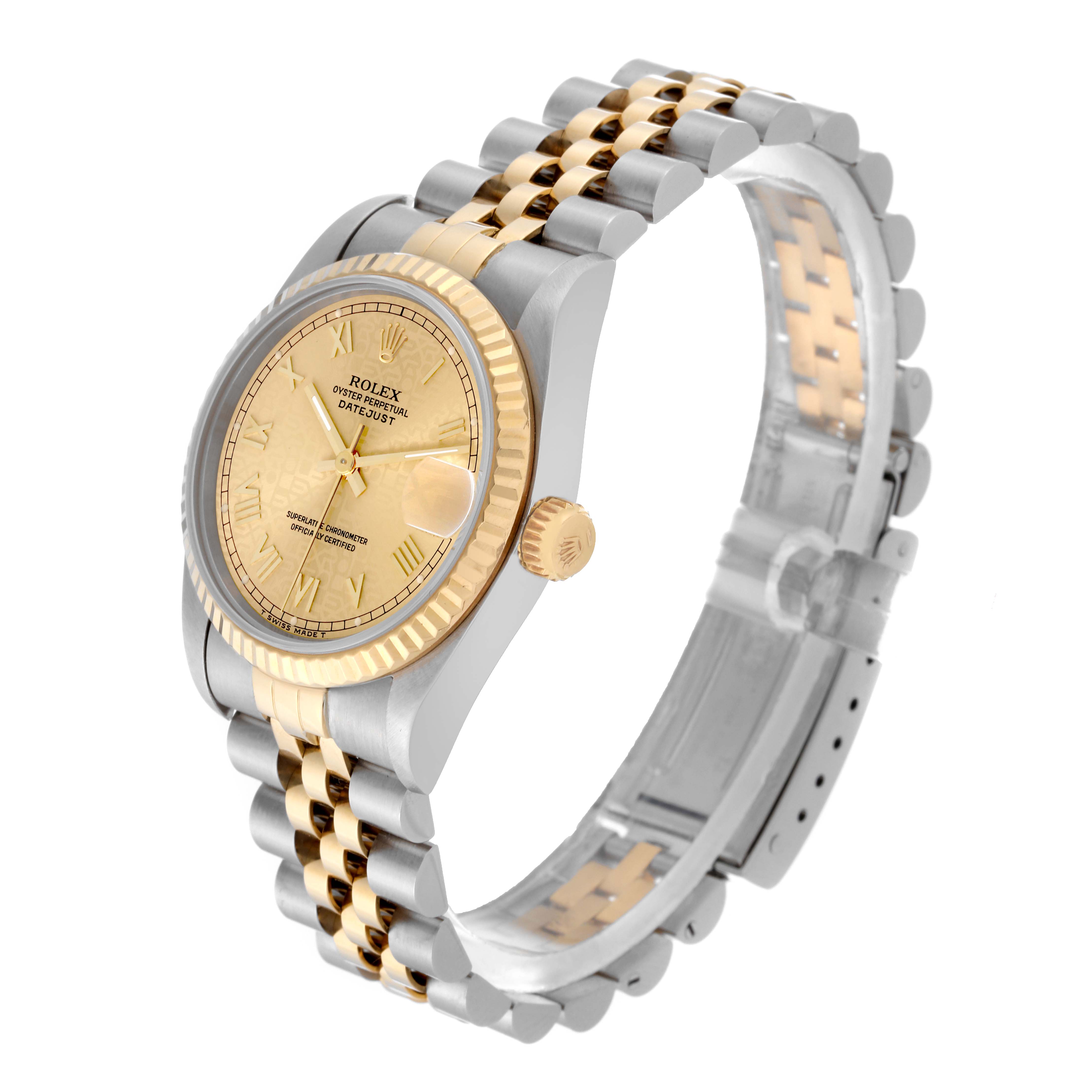 This image shows a Rolex Mid-Size 68273 Women's Steel and Gold (two tone) Champagne Dial 68273 Women's Steel and Gold (two tone) Champagne Dial Datejust watch angled to display its face, crown, and two-tone bracelet.